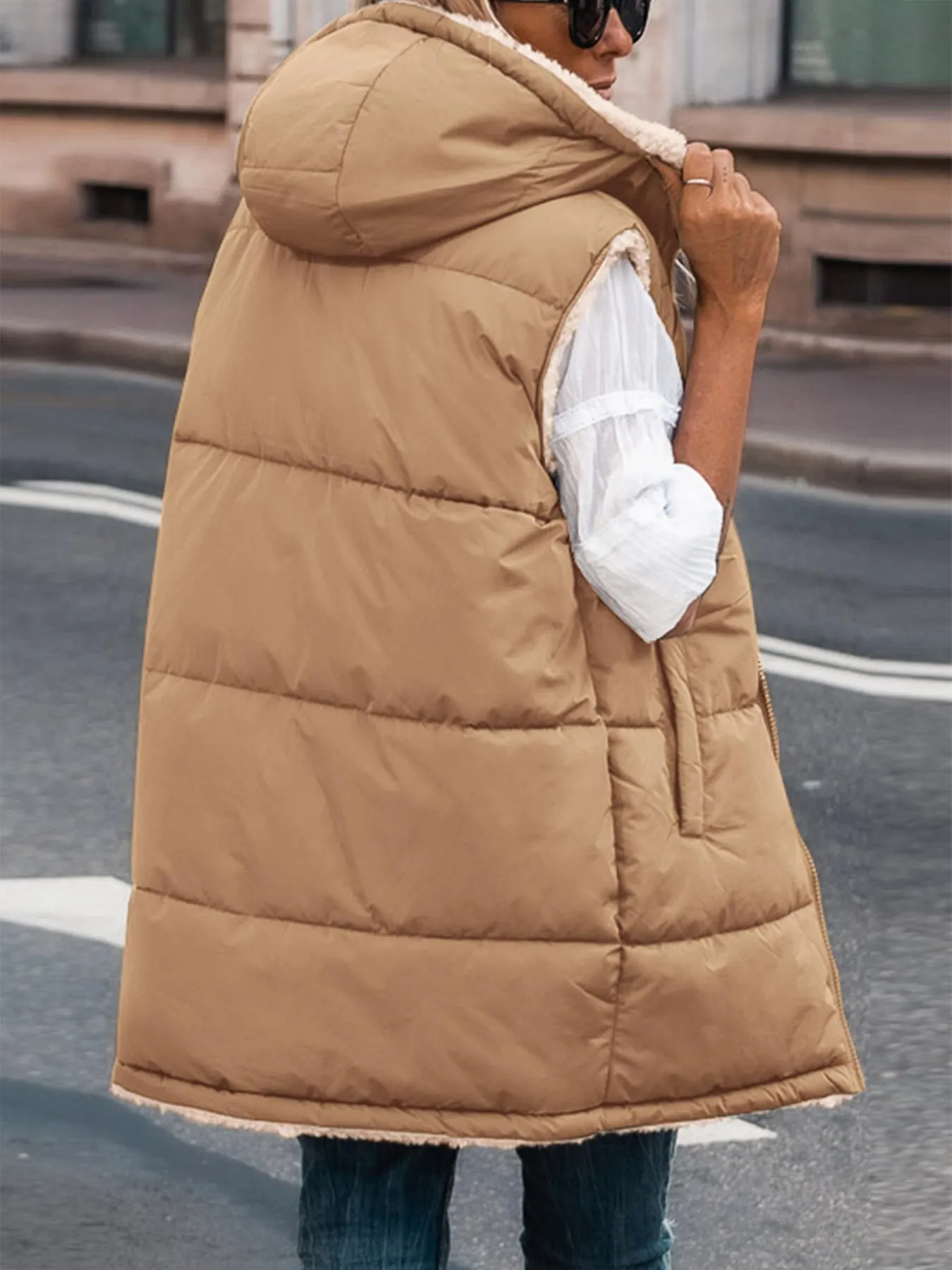 PRETTYGARDEN Womens Fall Reversible Vests Sleeveless Fleece Jacket Zip Up Hoodie Pockets Long Warm Winter Coat Outerwear sold by PrettyGarden product image thumbnail 2