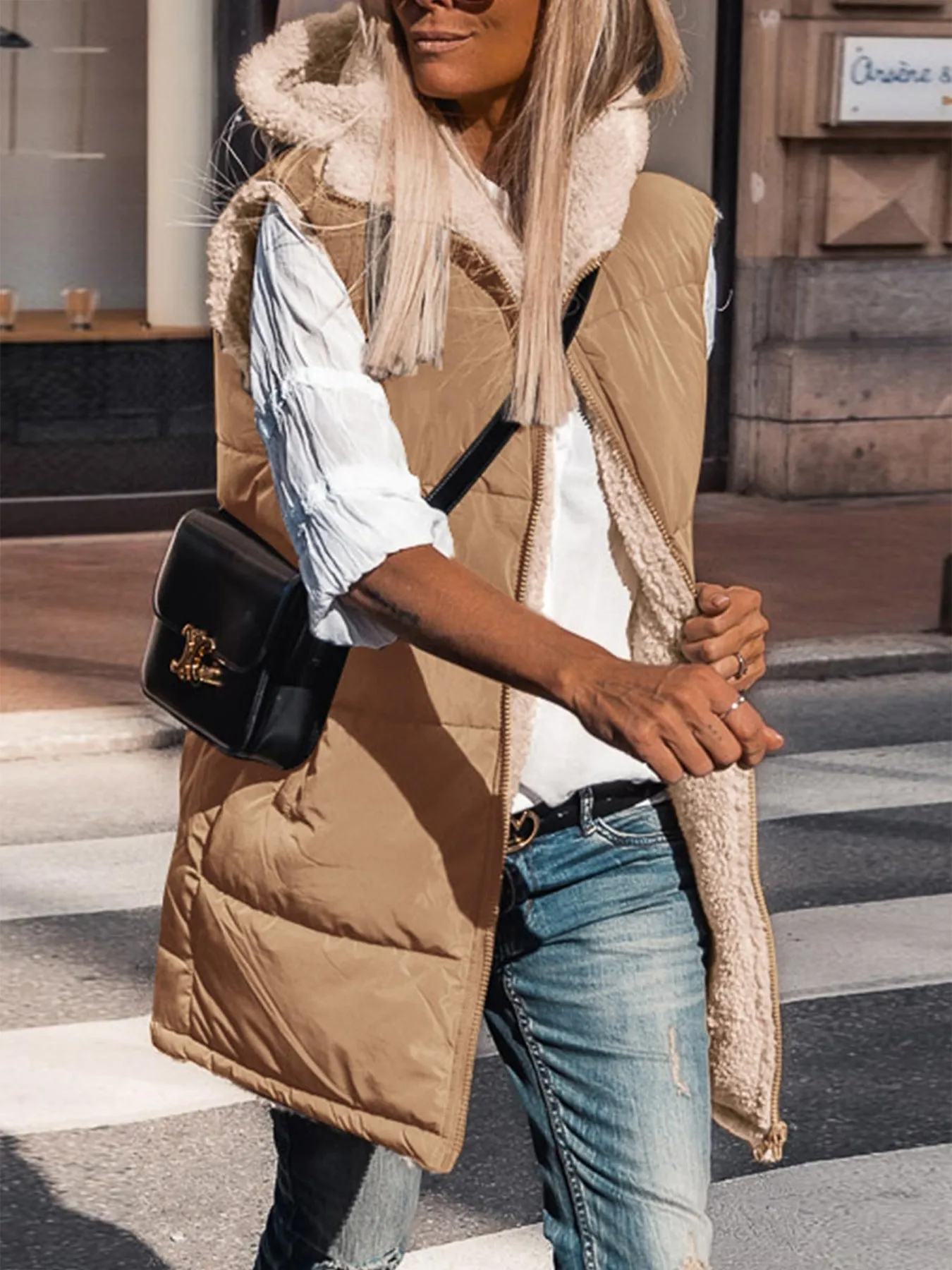 PRETTYGARDEN Womens Fall Reversible Vests Sleeveless Fleece Jacket Zip Up Hoodie Pockets Long Warm Winter Coat Outerwear sold by PrettyGarden product image thumbnail 5