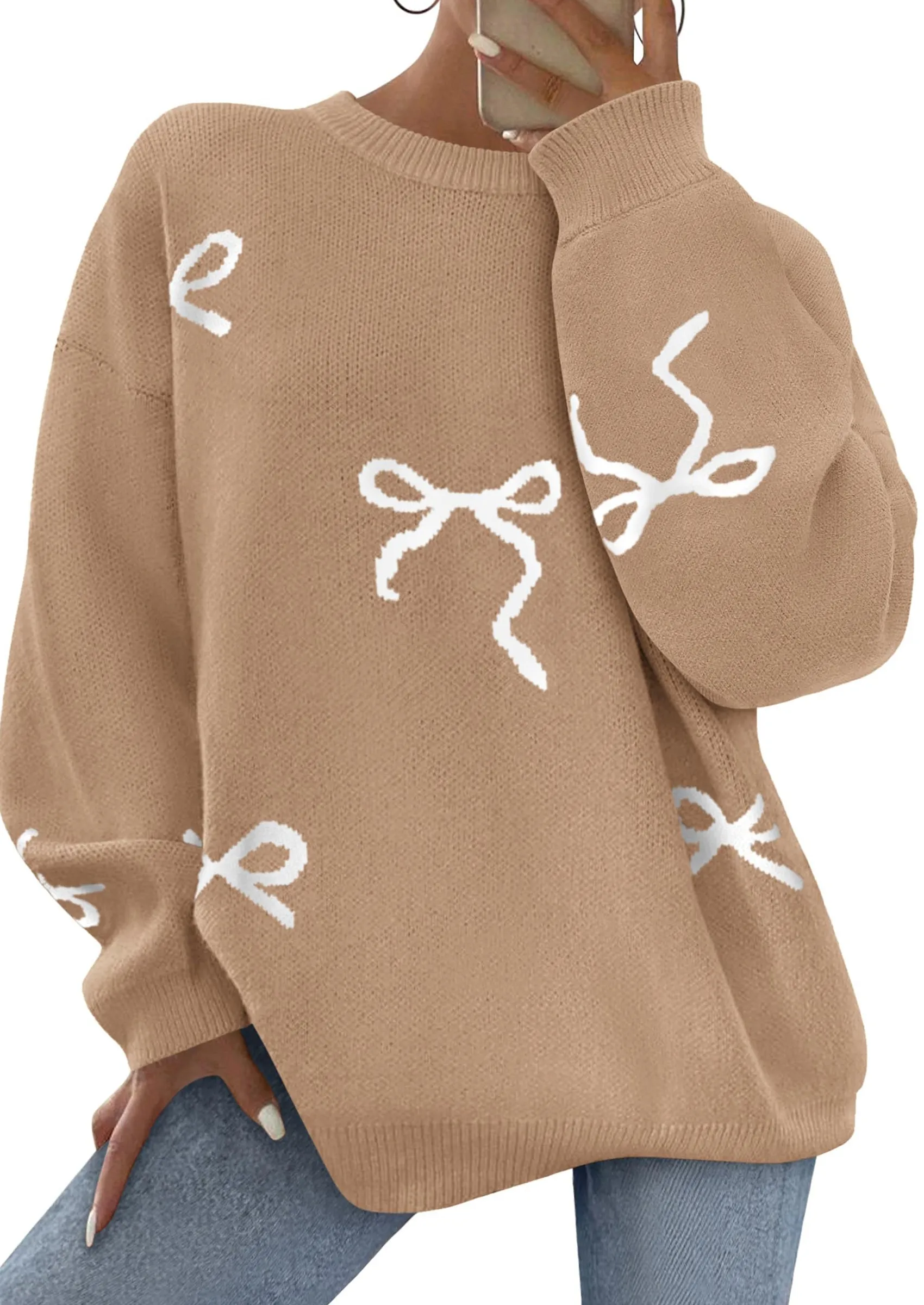 PRETTYGARDEN Fall Long Sleeve Pullover Sweaters for Women Trendy Crewneck Casual Cute Bow Chunky Knit Oversized Sweater sold by PrettyGarden product image thumbnail 3