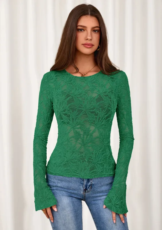 PRETTYGARDEN Womens Lace Long Bell Sleeve Tops Fall Sexy See Through Sheer Floral Blouse Shirt Fitted Going Out Outfits made by PrettyGarden