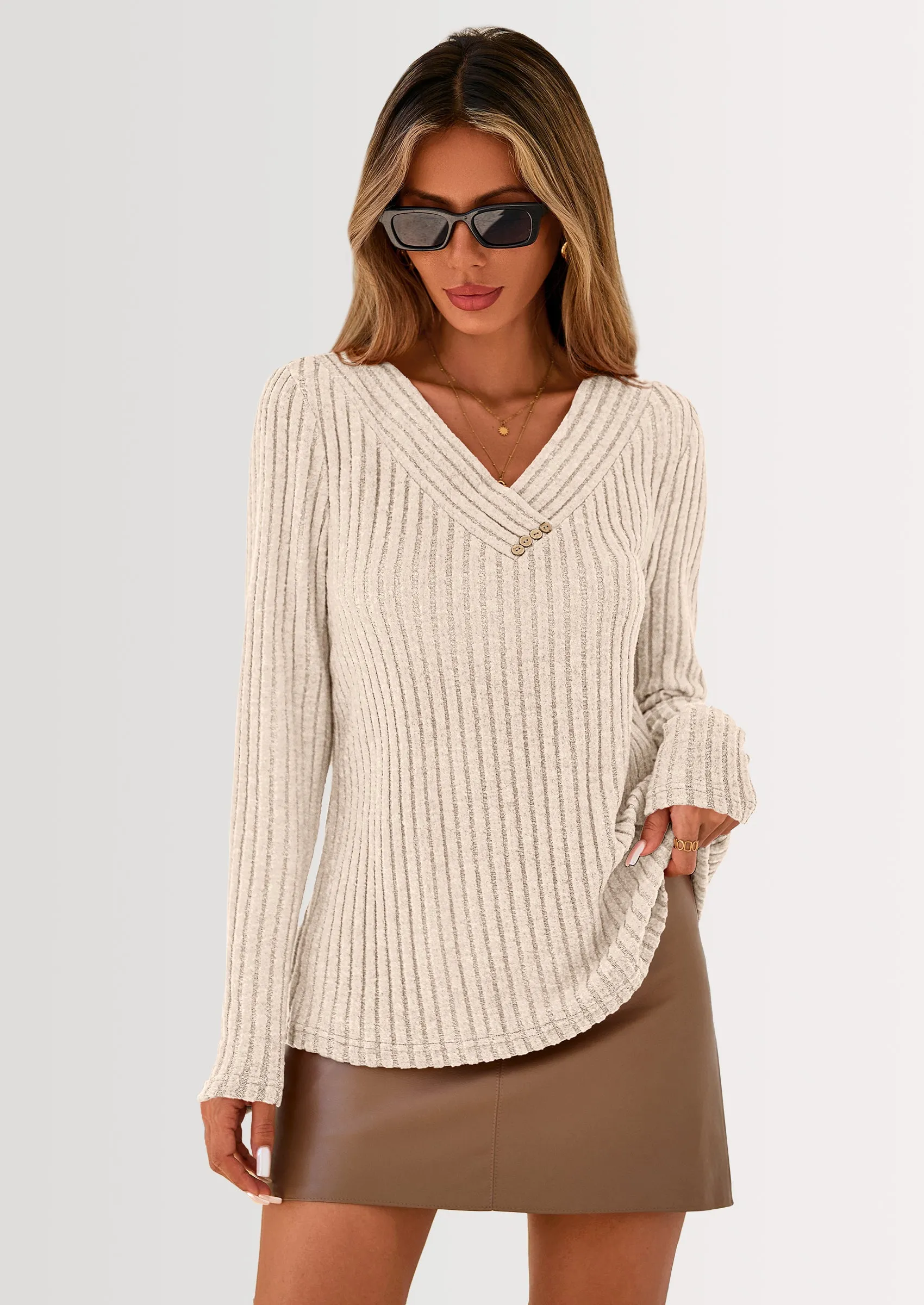 PRETTYGARDEN Women's Long Sleeve Shirts Fall Fashion Clothes Casual Ribbed V Neck Loose Tunic Tops Lightweight Sweaters sold by PrettyGarden
