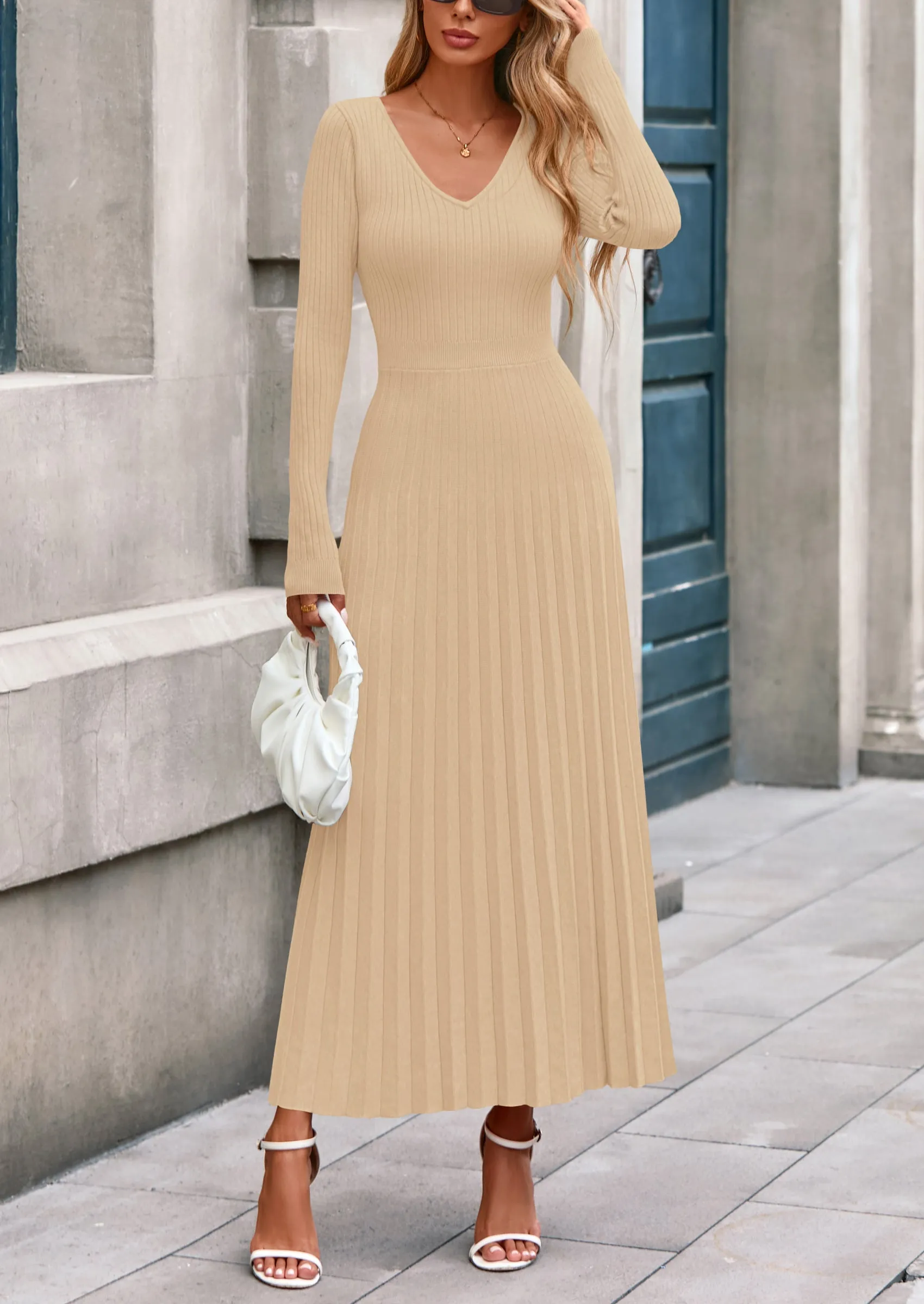 PRETTYGARDEN Women Sweater Dress Fall Fashion Long Sleeve V Neck Ribbed Knit Pleated A Line Elegant Maxi Winter Dresses sold by PrettyGarden product image thumbnail 4