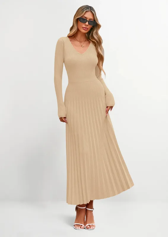 PRETTYGARDEN Women Sweater Dress Fall Fashion Long Sleeve V Neck Ribbed Knit Pleated A Line Elegant Maxi Winter Dresses made by PrettyGarden