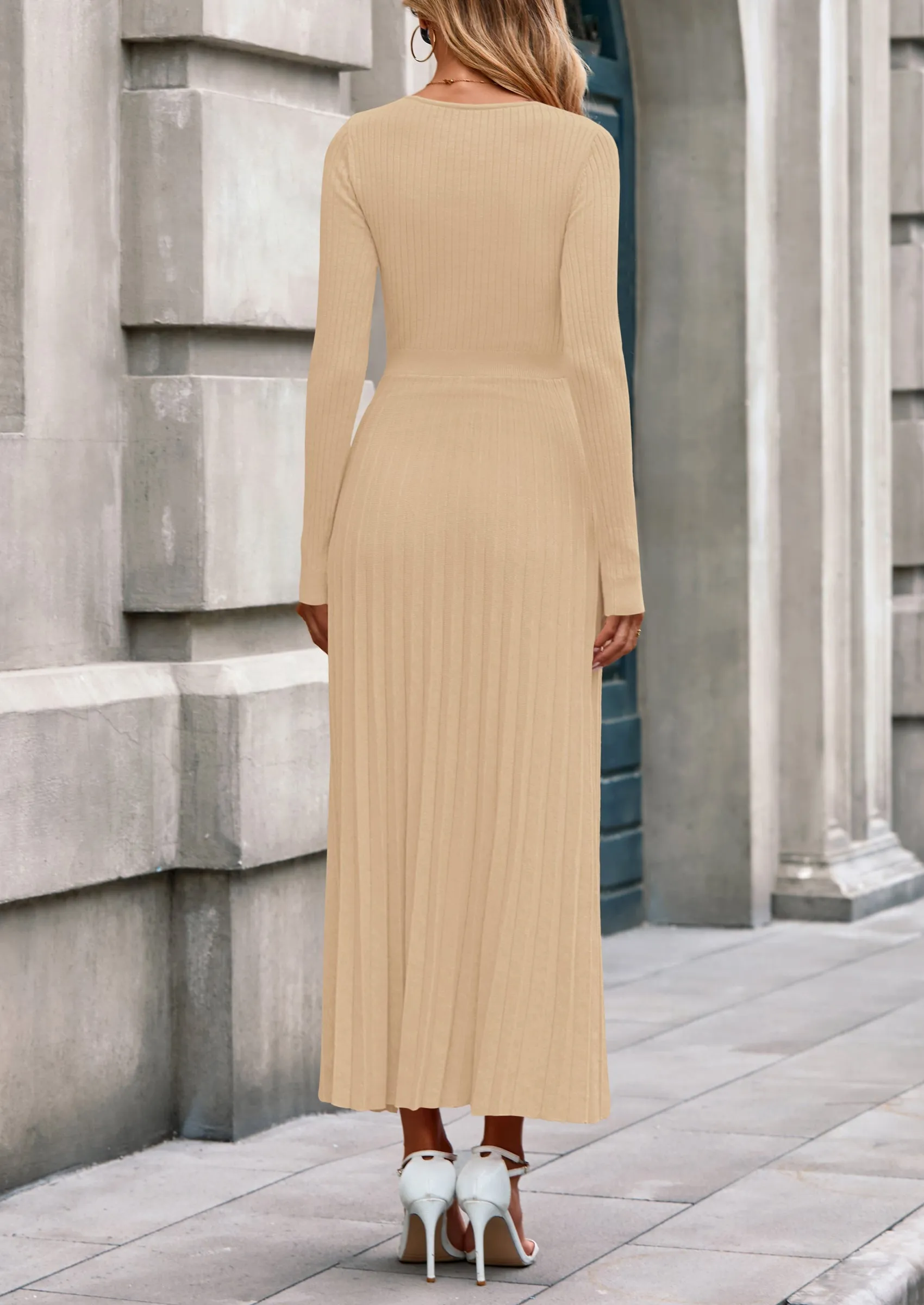 PRETTYGARDEN Women Sweater Dress Fall Fashion Long Sleeve V Neck Ribbed Knit Pleated A Line Elegant Maxi Winter Dresses sold by PrettyGarden product image thumbnail 2