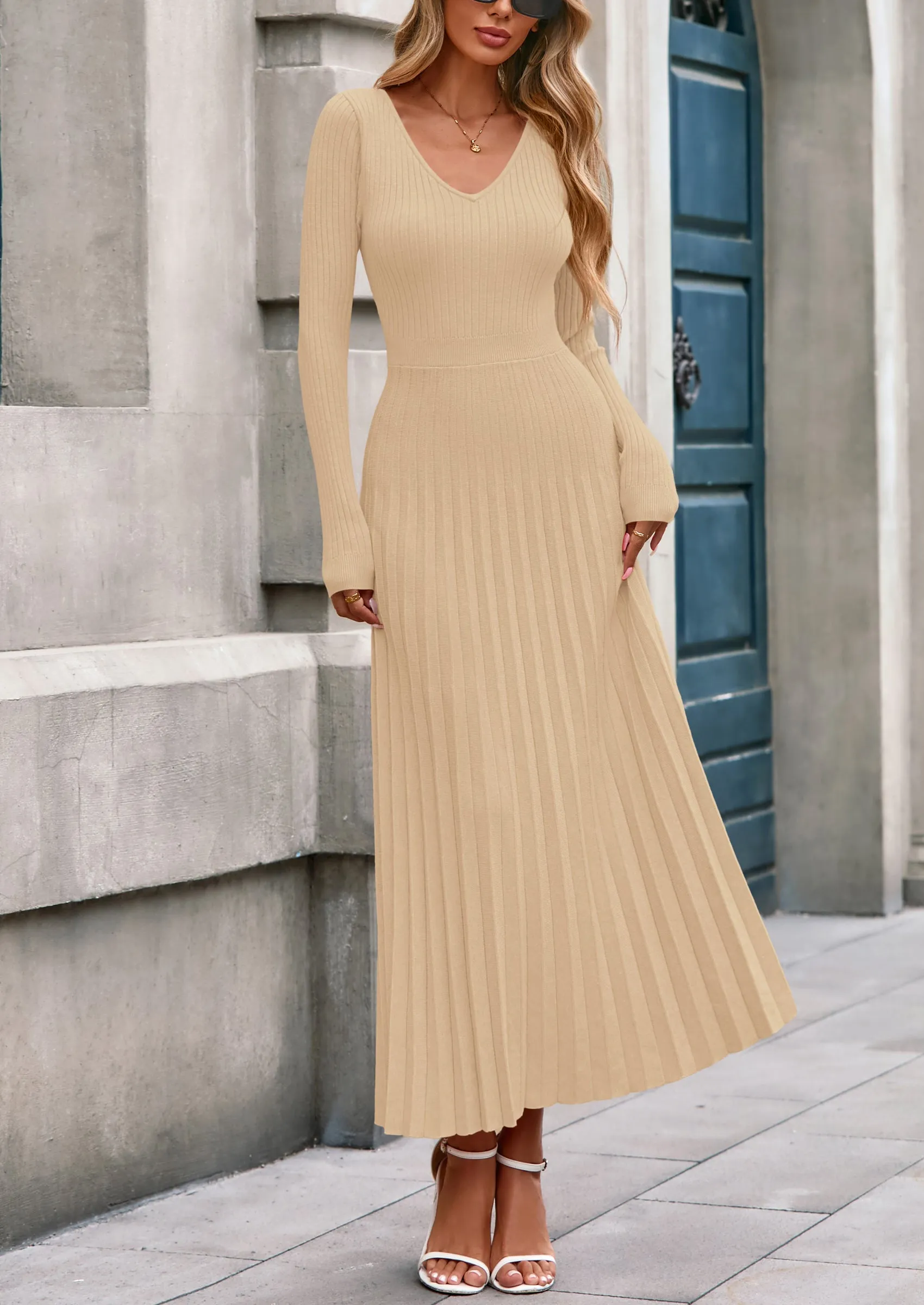 PRETTYGARDEN Women Sweater Dress Fall Fashion Long Sleeve V Neck Ribbed Knit Pleated A Line Elegant Maxi Winter Dresses sold by PrettyGarden product image thumbnail 3