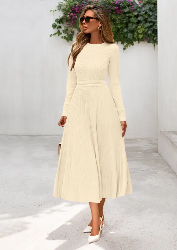 PRETTYGARDEN Women's Long Sleeve Midi Sweater Dress Fall Crewneck Knit A Line Pleated Wedding Guest Winter Dresses made by PrettyGarden