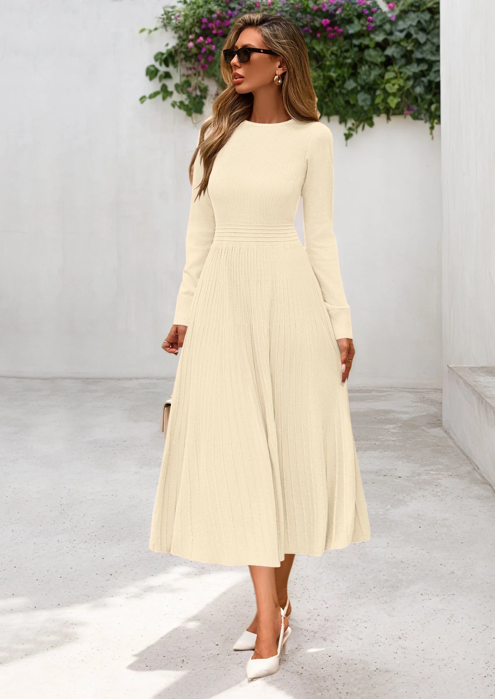 PRETTYGARDEN Women's Long Sleeve Midi Sweater Dress Fall Crewneck Knit A Line Pleated Wedding Guest Winter Dresses sold by PrettyGarden
