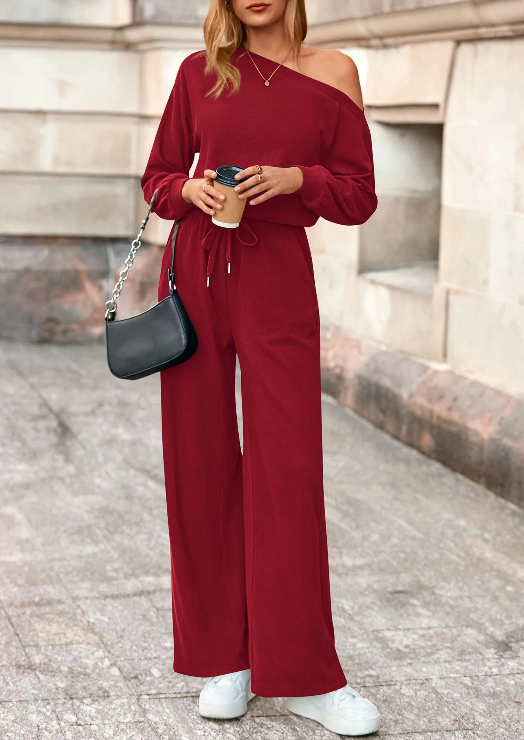 PRETTYGARDEN Long Sleeve Jumpsuit For Women Dressy Off Shoulder One Piece Loose Wide Leg Jumpsuits Casual Flowy Romper sold by PrettyGarden product image thumbnail 2