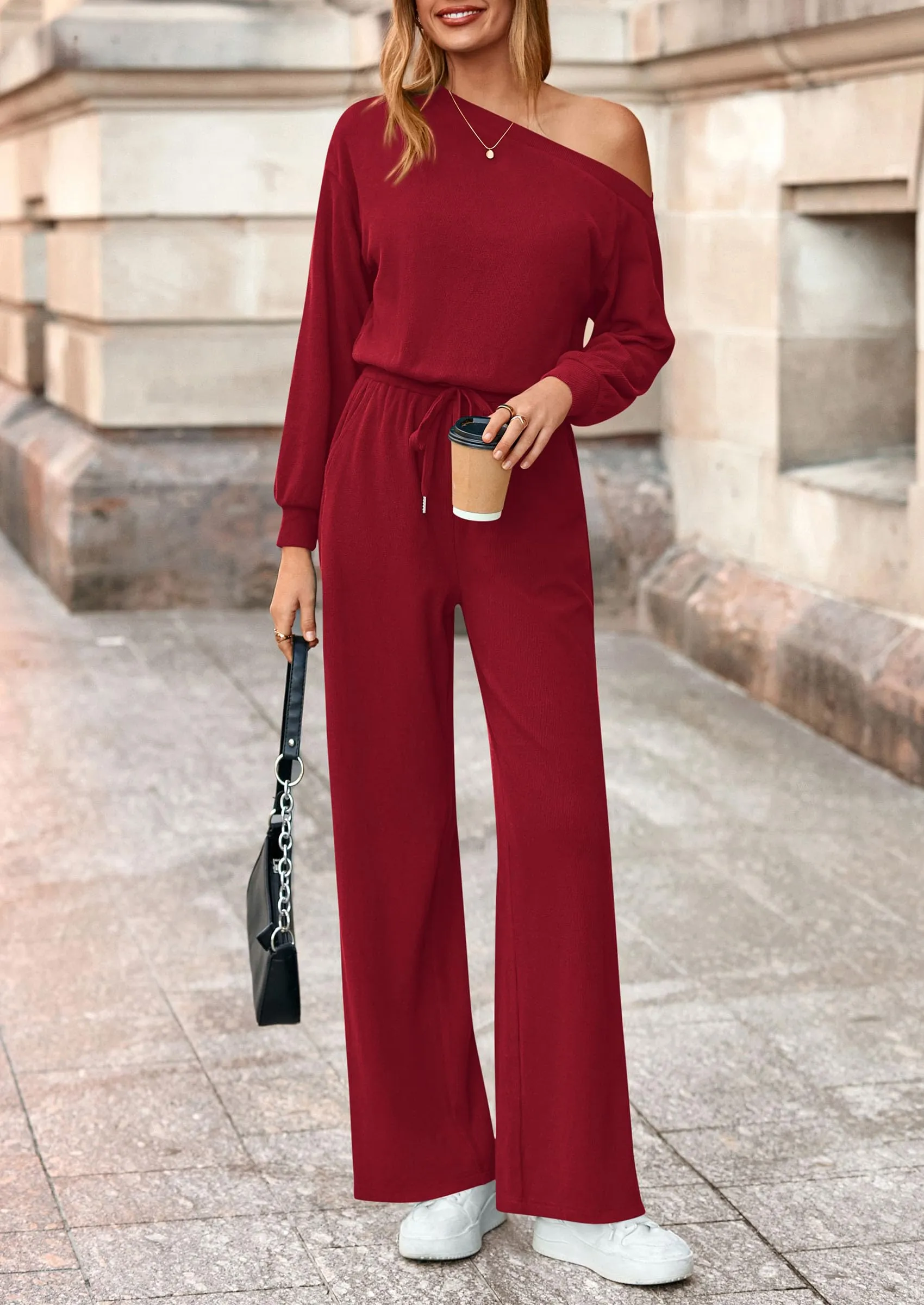 PRETTYGARDEN Long Sleeve Jumpsuit For Women Dressy Off Shoulder One Piece Loose Wide Leg Jumpsuits Casual Flowy Romper sold by PrettyGarden product image thumbnail 3