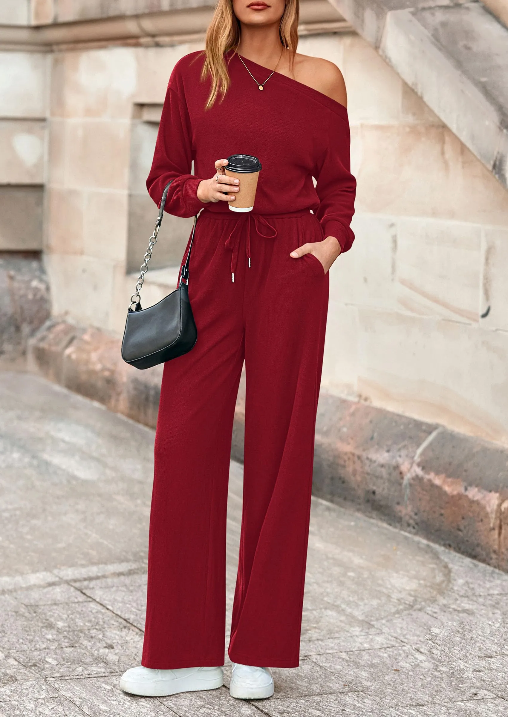 PRETTYGARDEN Long Sleeve Jumpsuit For Women Dressy Off Shoulder One Piece Loose Wide Leg Jumpsuits Casual Flowy Romper sold by PrettyGarden product image thumbnail 5