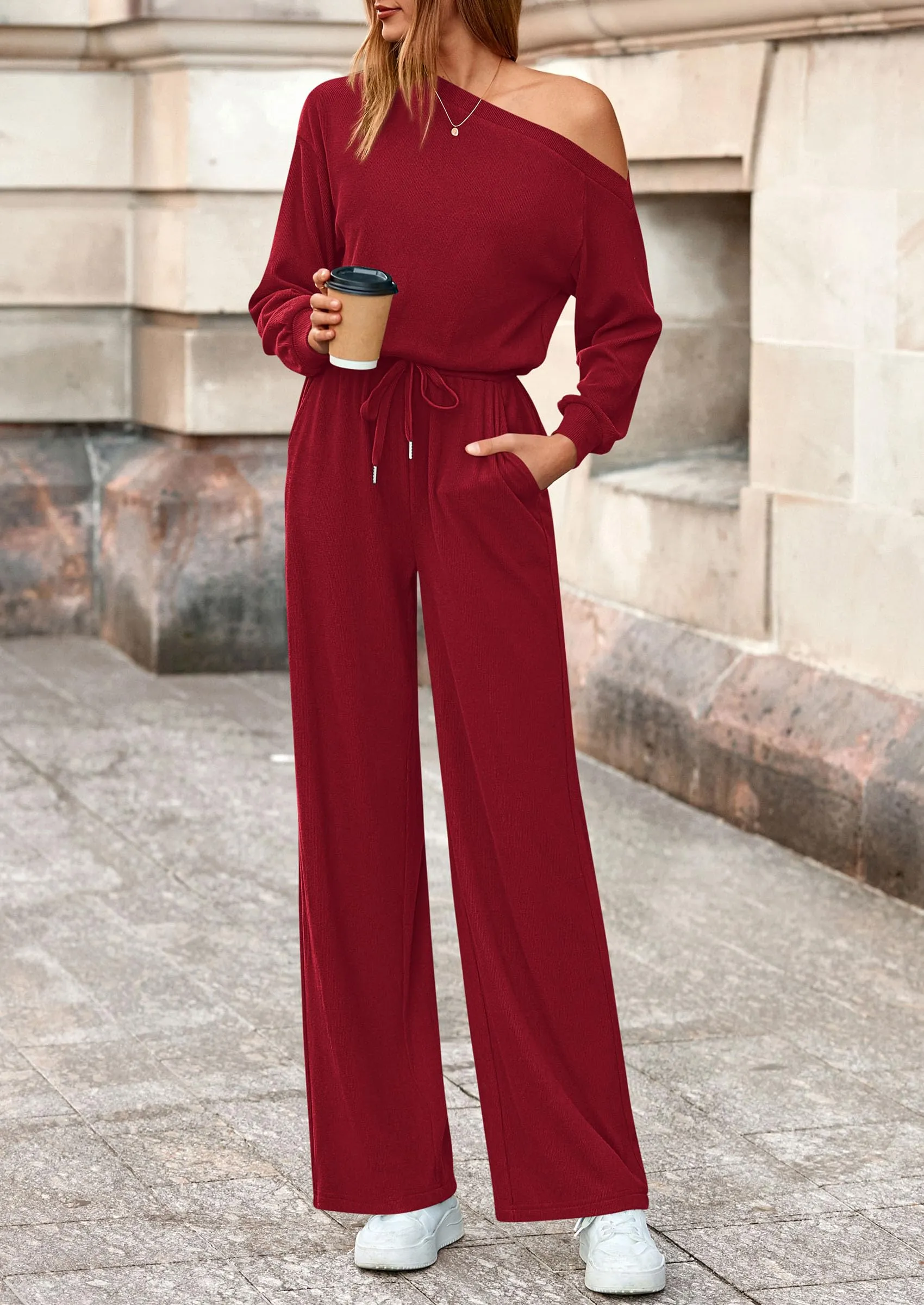 PRETTYGARDEN Long Sleeve Jumpsuit For Women Dressy Off Shoulder One Piece Loose Wide Leg Jumpsuits Casual Flowy Romper sold by PrettyGarden product image thumbnail 4