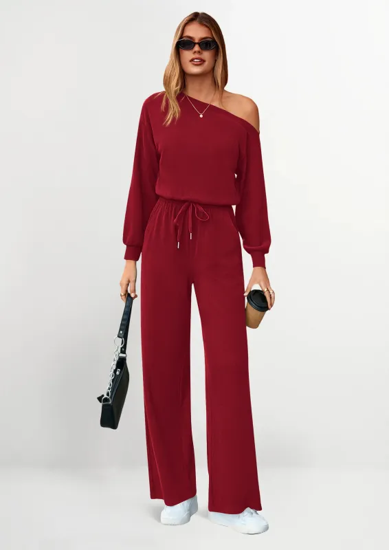 PRETTYGARDEN Long Sleeve Jumpsuit For Women Dressy Off Shoulder One Piece Loose Wide Leg Jumpsuits Casual Flowy Romper made by PrettyGarden