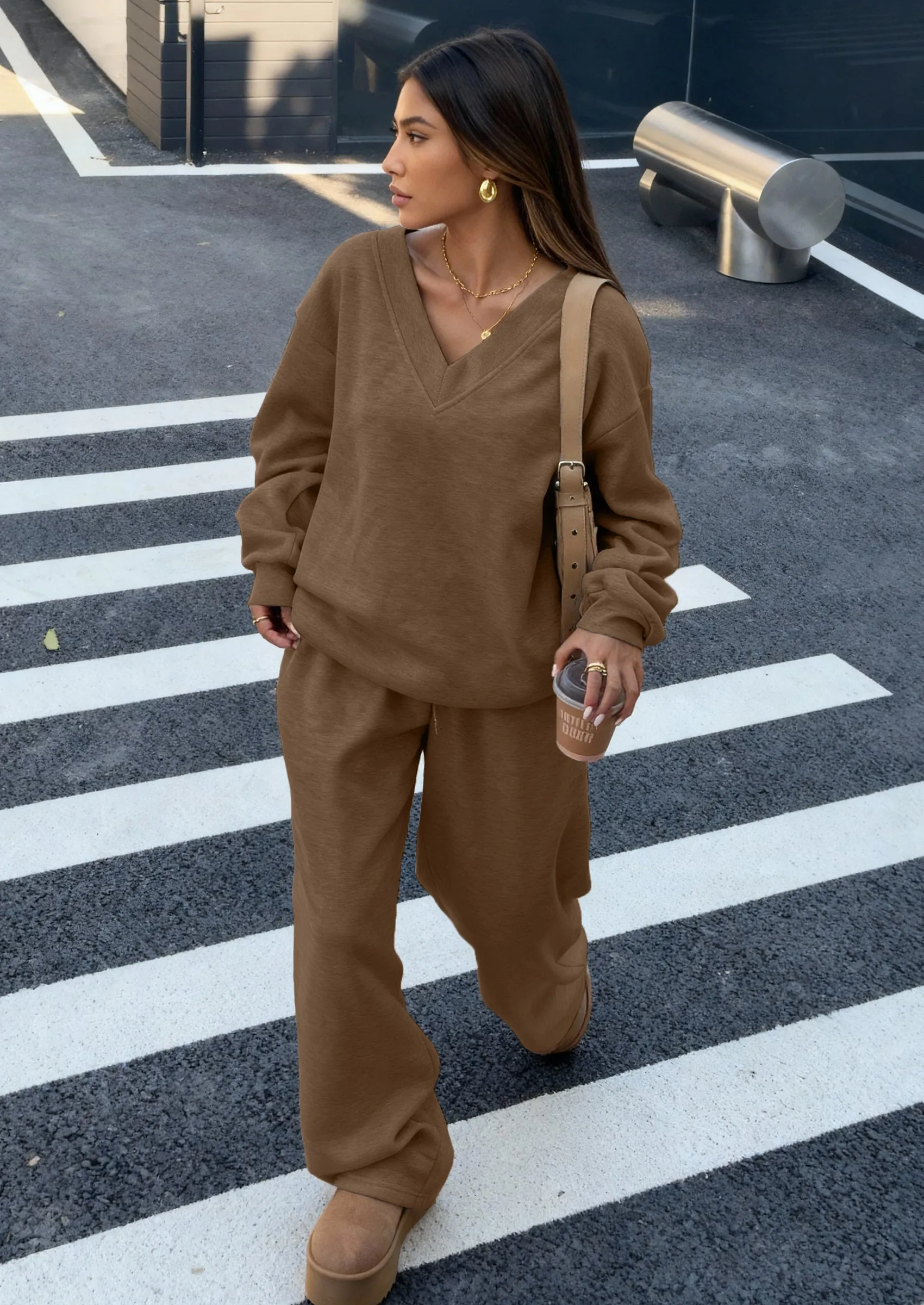 PRETTYGARDEN Casual Winter Two Piece Sets for Women V Neck Sweatshirt Loose Wide Leg Pants Tracksuit Knit Fall Outfits sold by PrettyGarden product image thumbnail 4