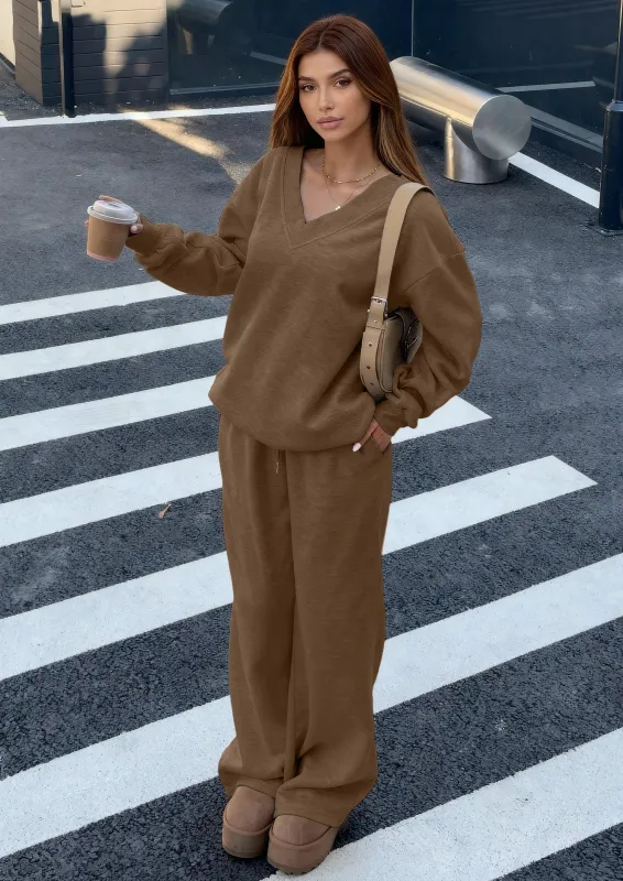 PRETTYGARDEN Casual Winter Two Piece Sets for Women V Neck Sweatshirt Loose Wide Leg Pants Tracksuit Knit Fall Outfits made by PrettyGarden