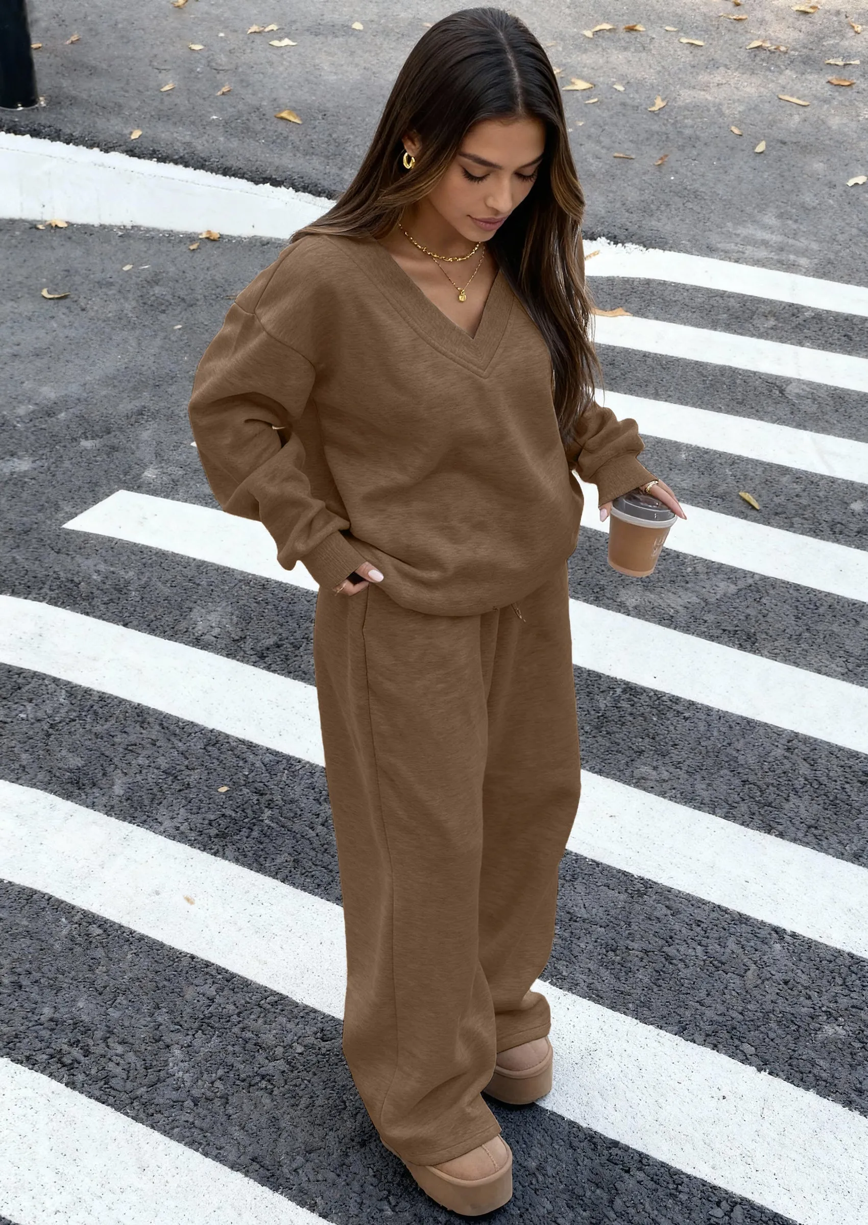 PRETTYGARDEN Casual Winter Two Piece Sets for Women V Neck Sweatshirt Loose Wide Leg Pants Tracksuit Knit Fall Outfits sold by PrettyGarden product image thumbnail 5