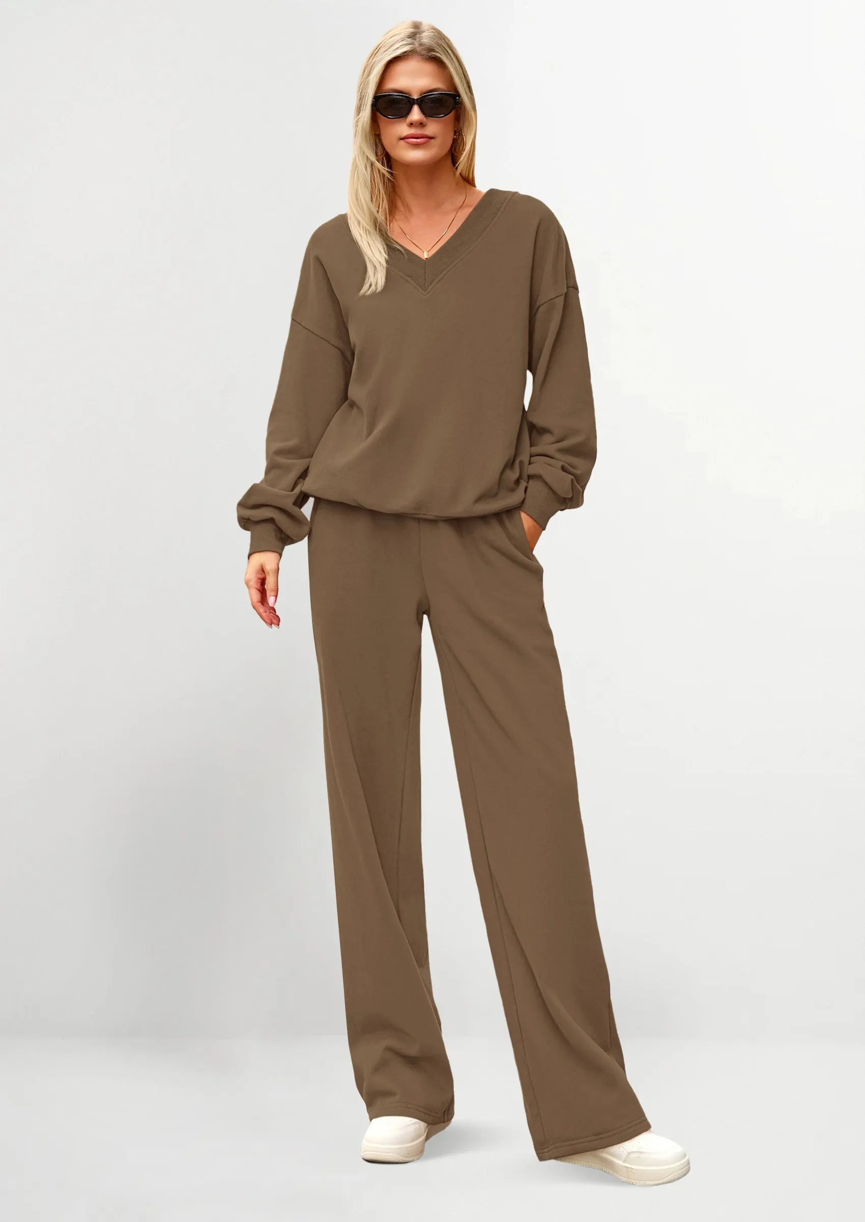 PRETTYGARDEN Casual Winter Two Piece Sets for Women V Neck Sweatshirt Loose Wide Leg Pants Tracksuit Knit Fall Outfits sold by PrettyGarden product image thumbnail 3