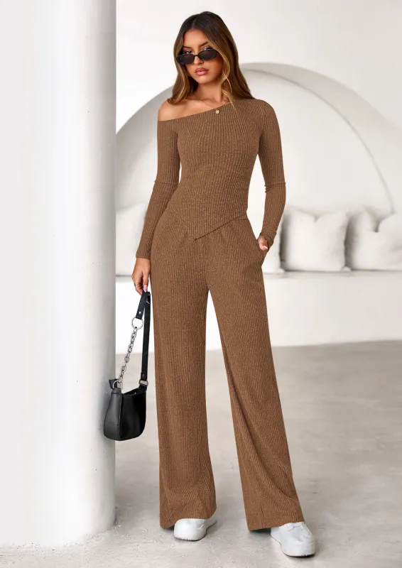 PRETTYGARDEN Casual Two Piece Sets for Women Fall Outfits Asymmetrical Off Shoulder Tops Wide Leg Pants Knit Lounge Set made by PrettyGarden