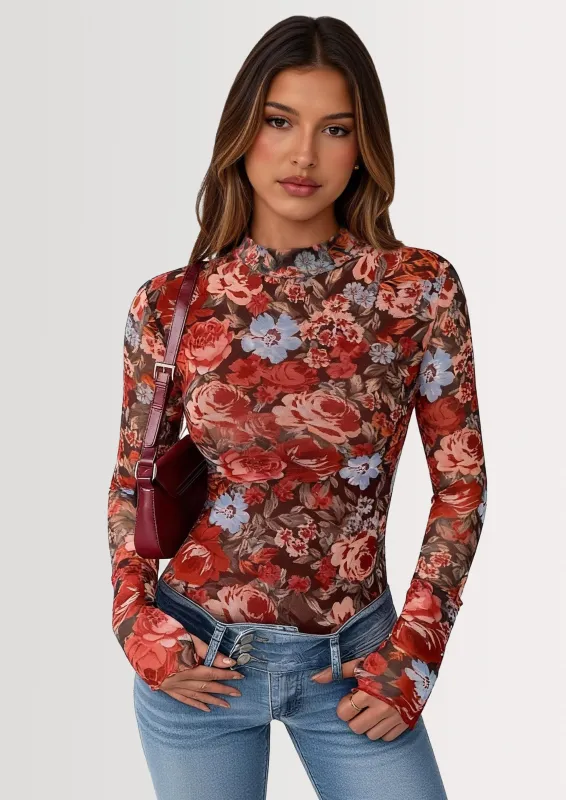 PRETTYGARDEN Womens Fall Mesh Floral Blouses Long Sleeve Going Out Tops Slim Fitted Shirts Date Night Outfits made by PrettyGarden