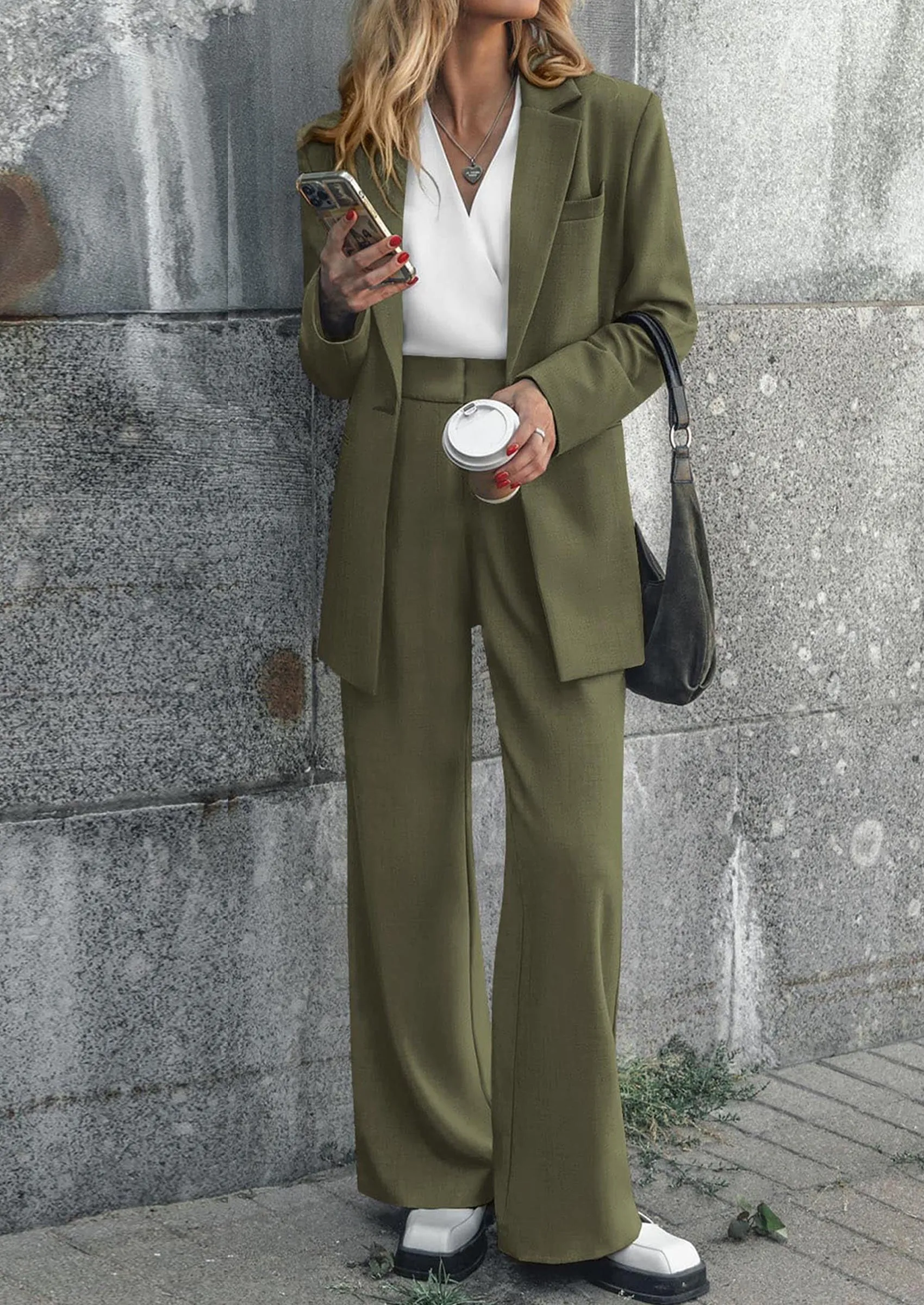 PRETTYGARDEN Women's Fall Two Piece Outfits Dressy Blazer Jacket and Wide Leg Pants Pockets Business Casual Office Suit Sets sold by PrettyGarden product image thumbnail 2