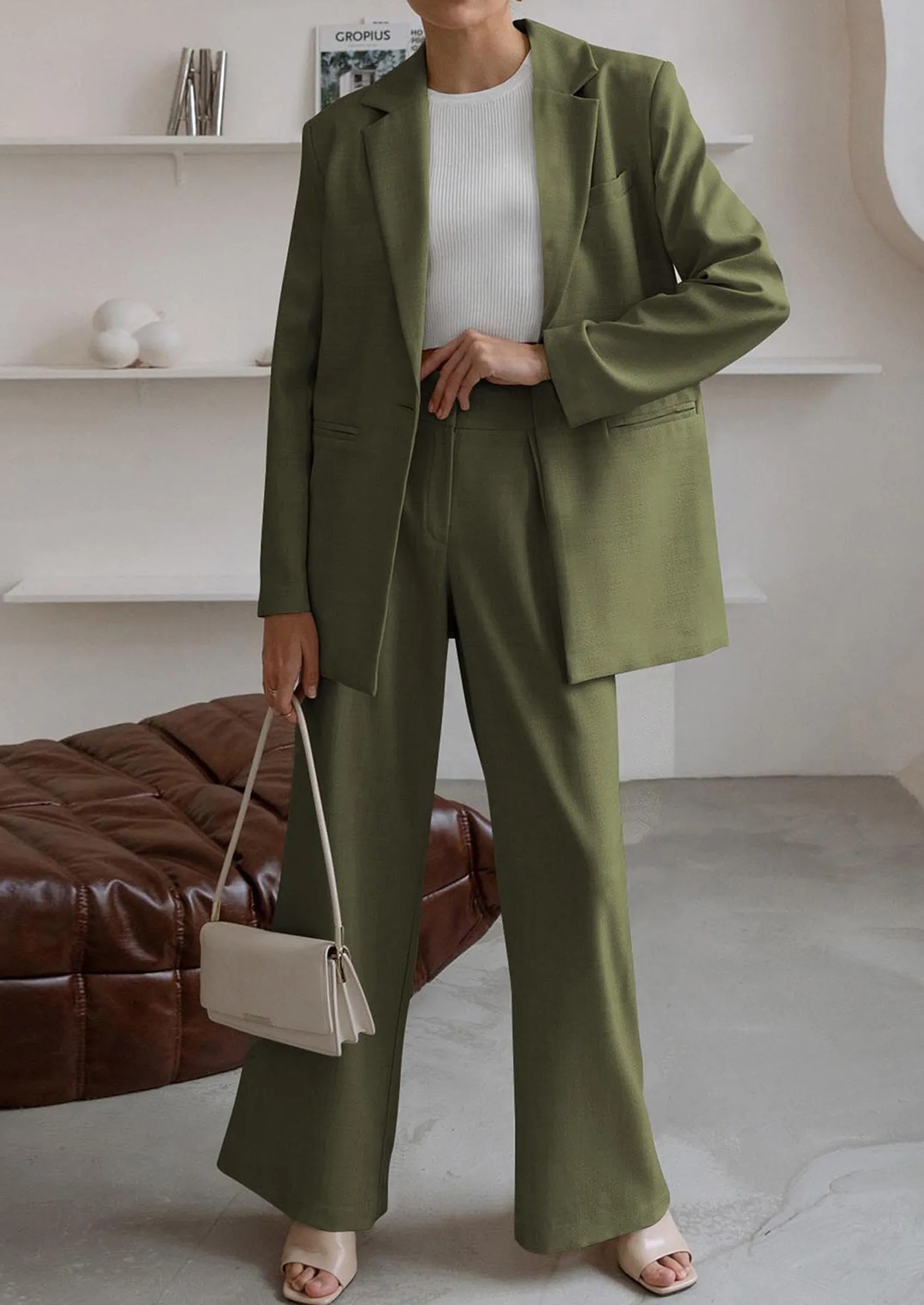PRETTYGARDEN Women's Fall Two Piece Outfits Dressy Blazer Jacket and Wide Leg Pants Pockets Business Casual Office Suit Sets sold by PrettyGarden product image thumbnail 3