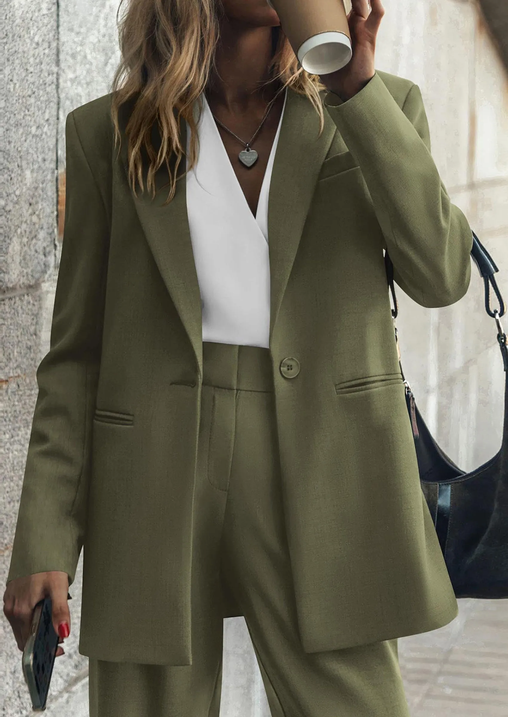 PRETTYGARDEN Women's Fall Two Piece Outfits Dressy Blazer Jacket and Wide Leg Pants Pockets Business Casual Office Suit Sets sold by PrettyGarden product image thumbnail 4