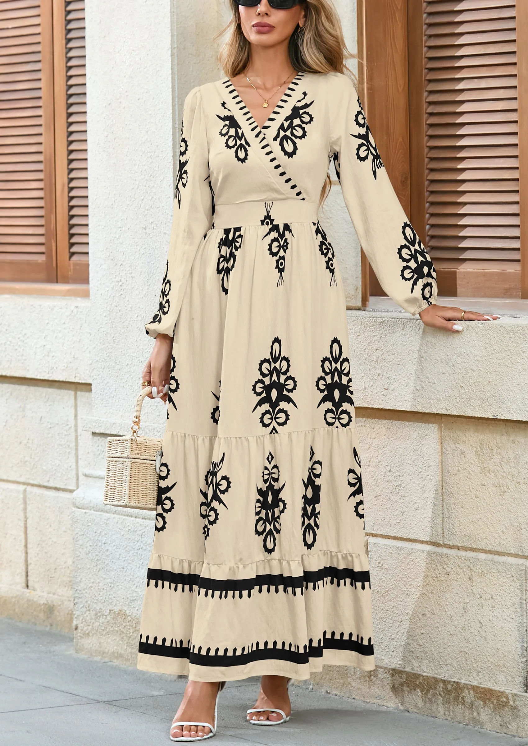 PRETTYGARDEN Women's Fall Wedding Guest Dresses Boho Floral Long Sleeve V Neck Flowy Elegant Maxi Dress Beach Clothes sold by PrettyGarden product image thumbnail 4