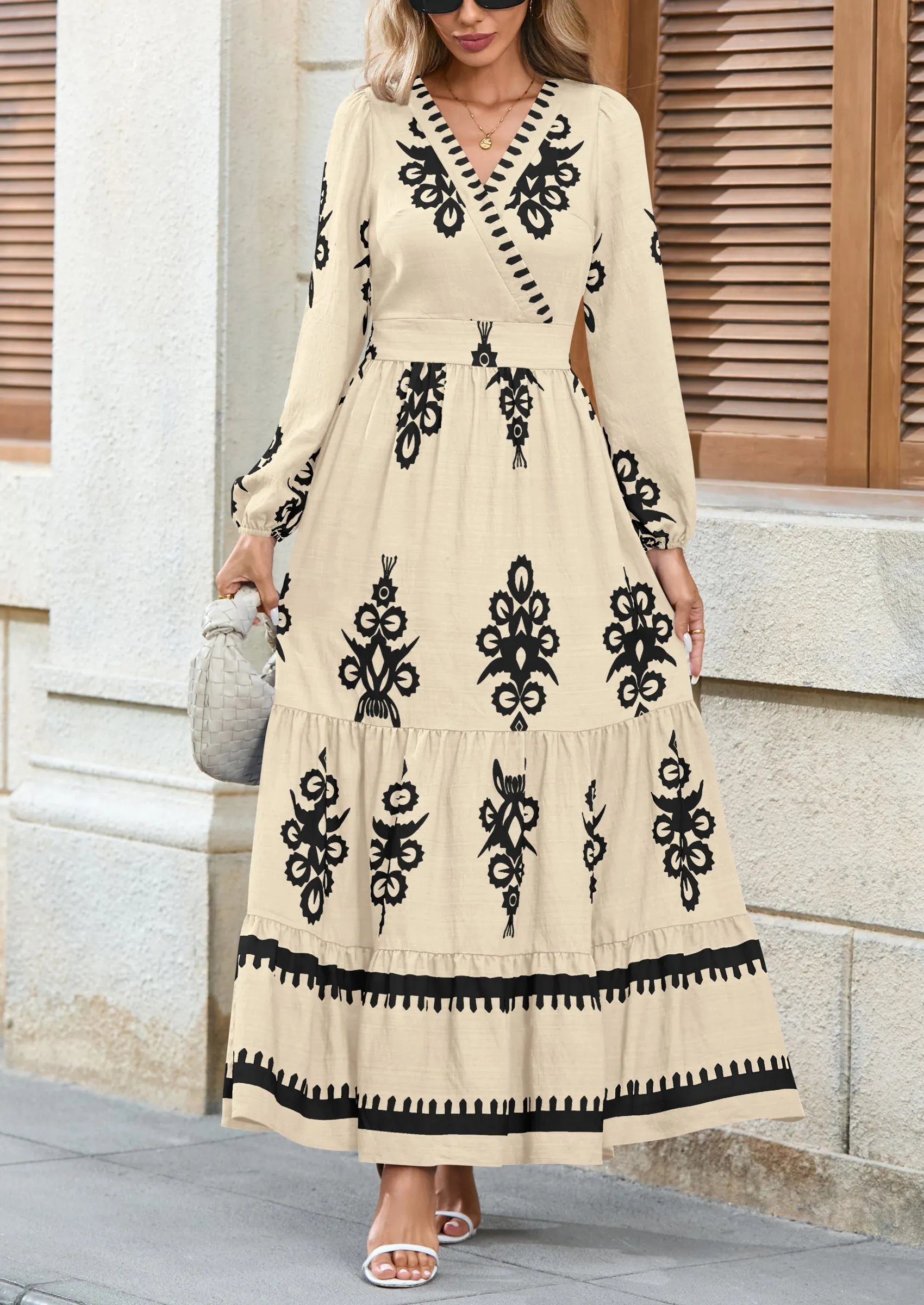 PRETTYGARDEN Women's Fall Wedding Guest Dresses Boho Floral Long Sleeve V Neck Flowy Elegant Maxi Dress Beach Clothes sold by PrettyGarden product image thumbnail 3
