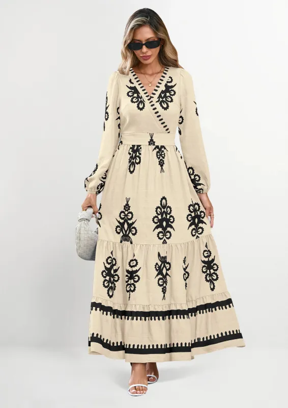 PRETTYGARDEN Women's Fall Wedding Guest Dresses Boho Floral Long Sleeve V Neck Flowy Elegant Maxi Dress Beach Clothes made by PrettyGarden