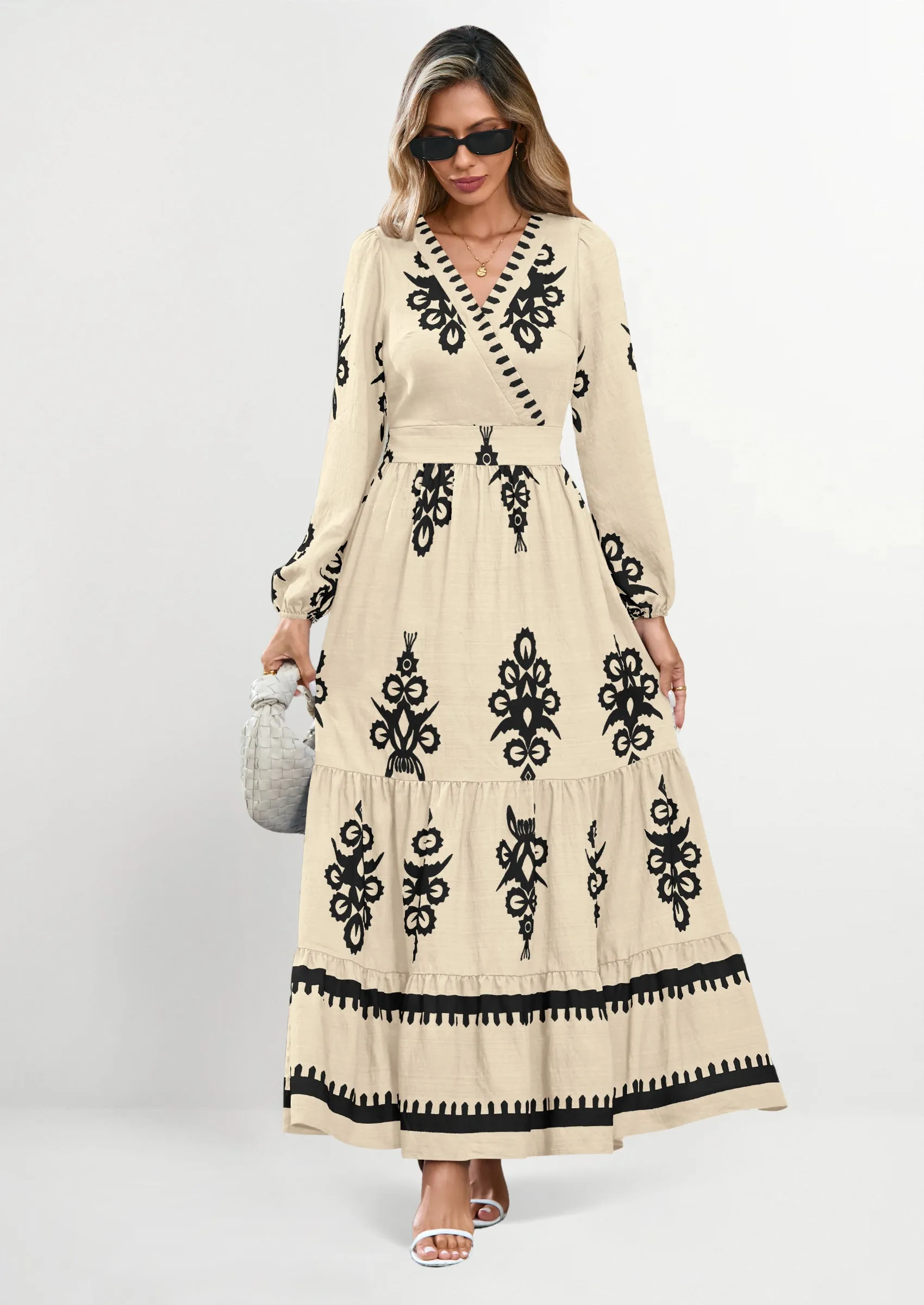 PRETTYGARDEN Women's Fall Wedding Guest Dresses Boho Floral Long Sleeve V Neck Flowy Elegant Maxi Dress Beach Clothes sold by PrettyGarden