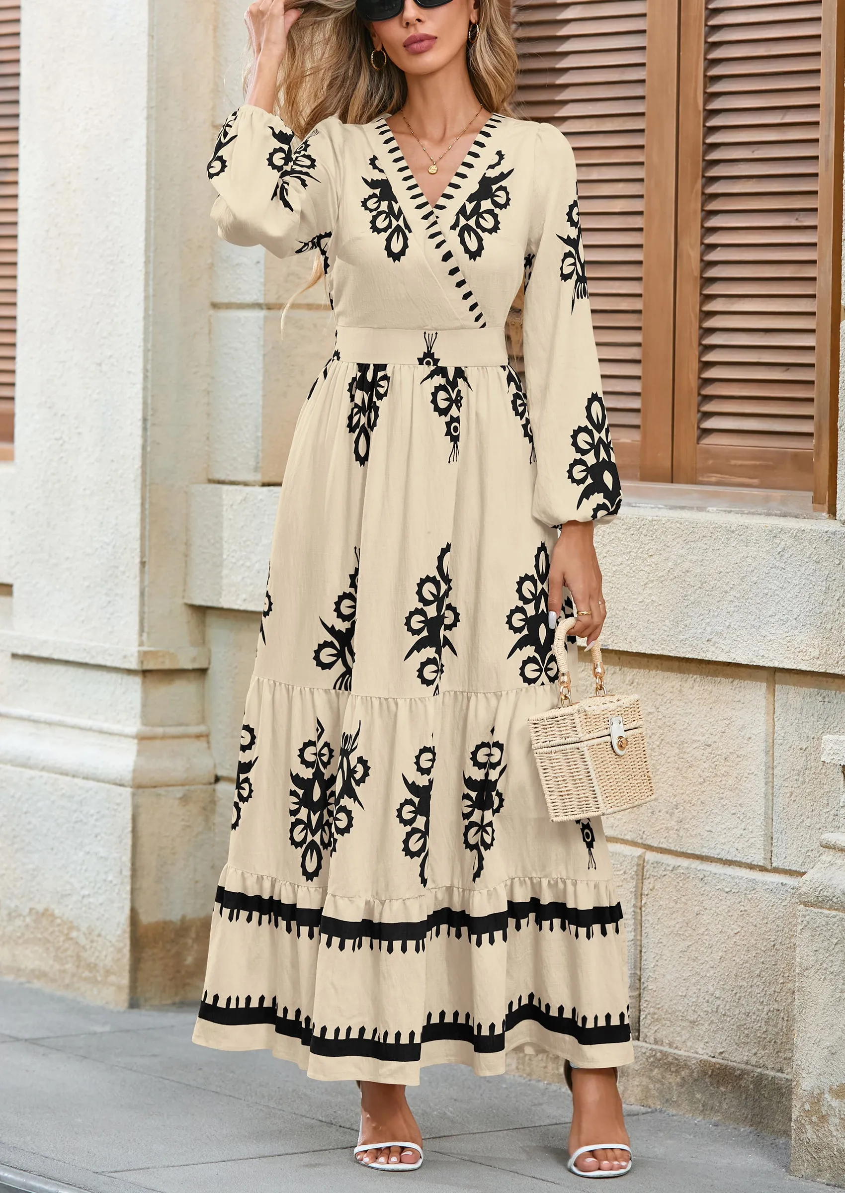 PRETTYGARDEN Women's Fall Wedding Guest Dresses Boho Floral Long Sleeve V Neck Flowy Elegant Maxi Dress Beach Clothes sold by PrettyGarden product image thumbnail 5