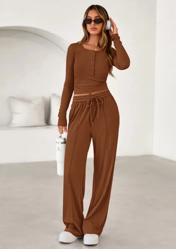 PRETTYGARDEN Women's Fall Trendy 2 Piece Outfits Lounge Sets Long Sleeve Top Henley Shirts Wide Leg Pants Travel Clothes made by PrettyGarden