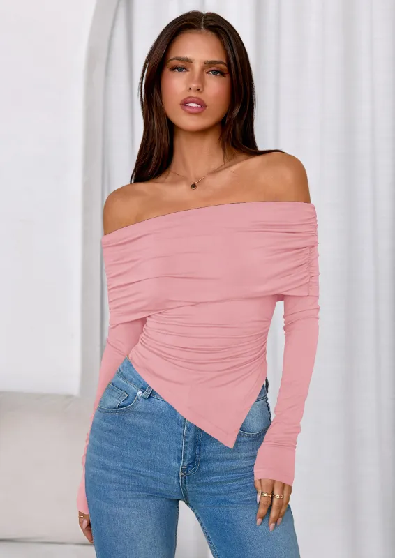 PRETTYGARDEN Women's Long Sleeve Shirts Off Shoulder Tops Going Out Slim Fitted Y2K Blouses Fall Fashion Clothes made by PrettyGarden