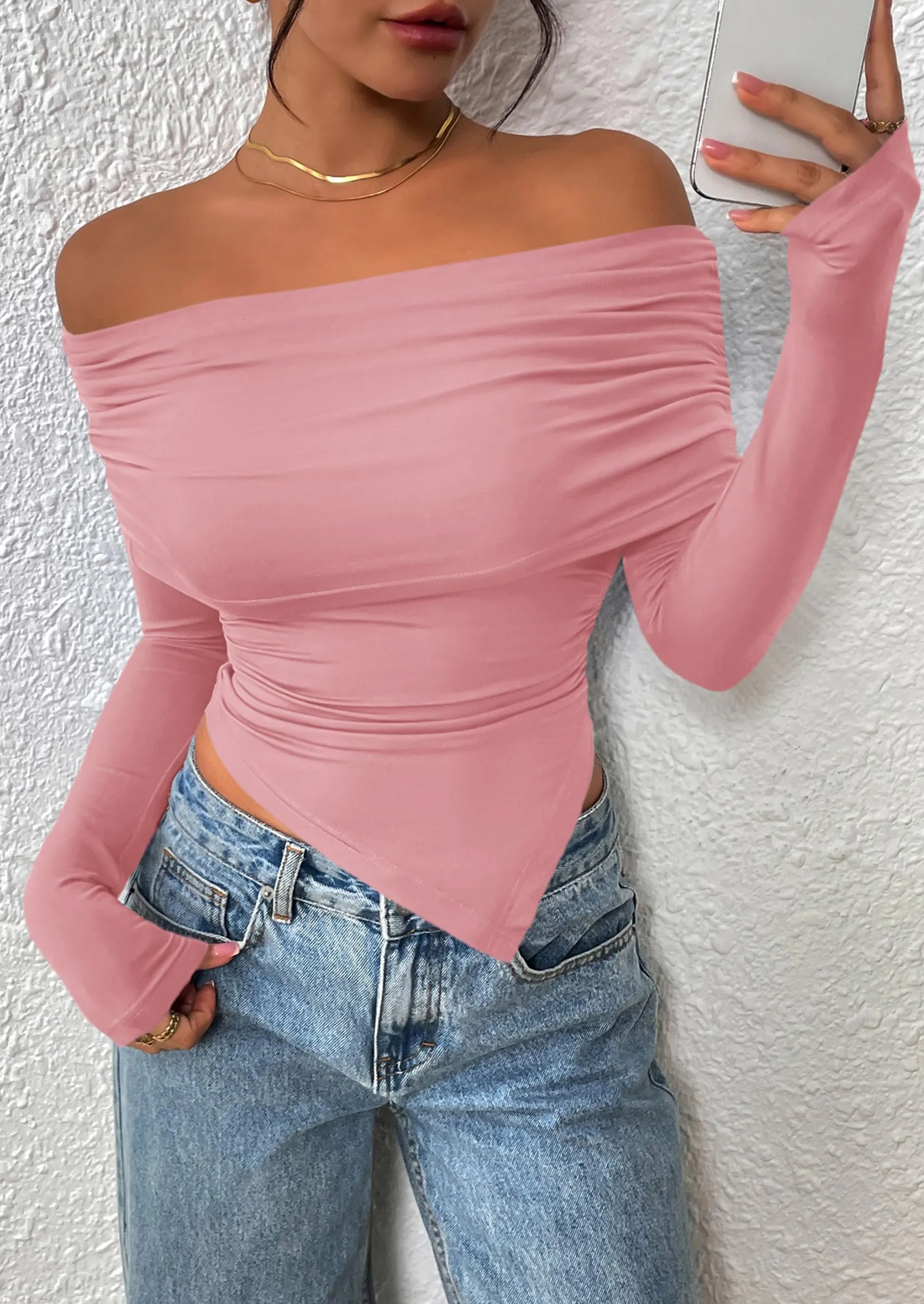 PRETTYGARDEN Women's Long Sleeve Shirts Off Shoulder Tops Going Out Slim Fitted Y2K Blouses Fall Fashion Clothes sold by PrettyGarden product image thumbnail 5