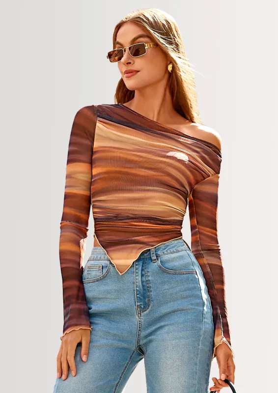 PRETTYGARDEN Womens Fall Trendy Off Shoulder Tops Tie Dye Mesh Long Sleeve Shirts Asymmetrical Ruched Floral Blouse made by PrettyGarden