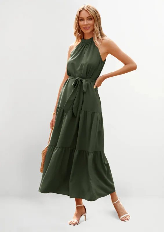 PRETTYGARDEN Women's Summer Floral Maxi Sun Dress Sleeveless Halter Neck Flowy Ruffle Hem Long Boho Dresses with Belt made by PrettyGarden