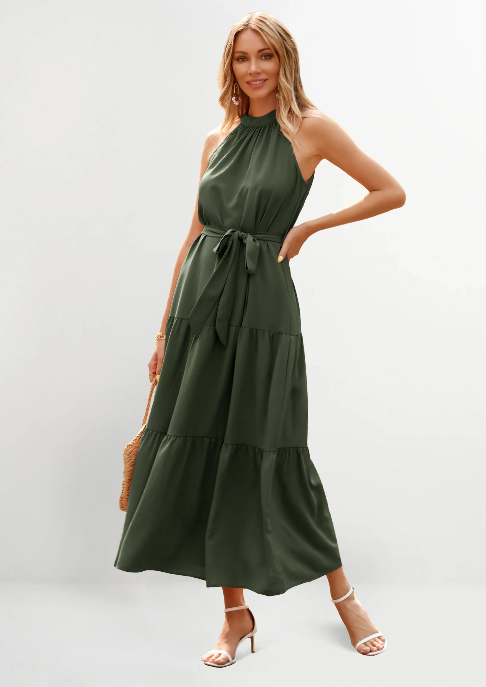 PRETTYGARDEN Women's Summer Floral Maxi Sun Dress Sleeveless Halter Neck Flowy Ruffle Hem Long Boho Dresses with Belt sold by PrettyGarden