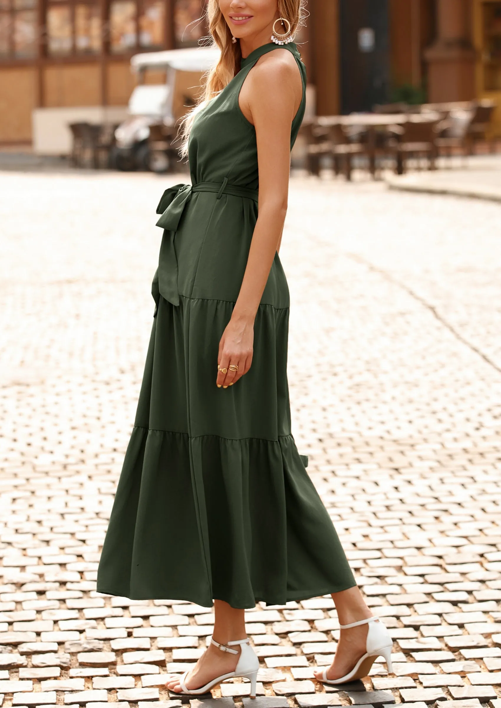 PRETTYGARDEN Women's Summer Floral Maxi Sun Dress Sleeveless Halter Neck Flowy Ruffle Hem Long Boho Dresses with Belt sold by PrettyGarden product image thumbnail 5