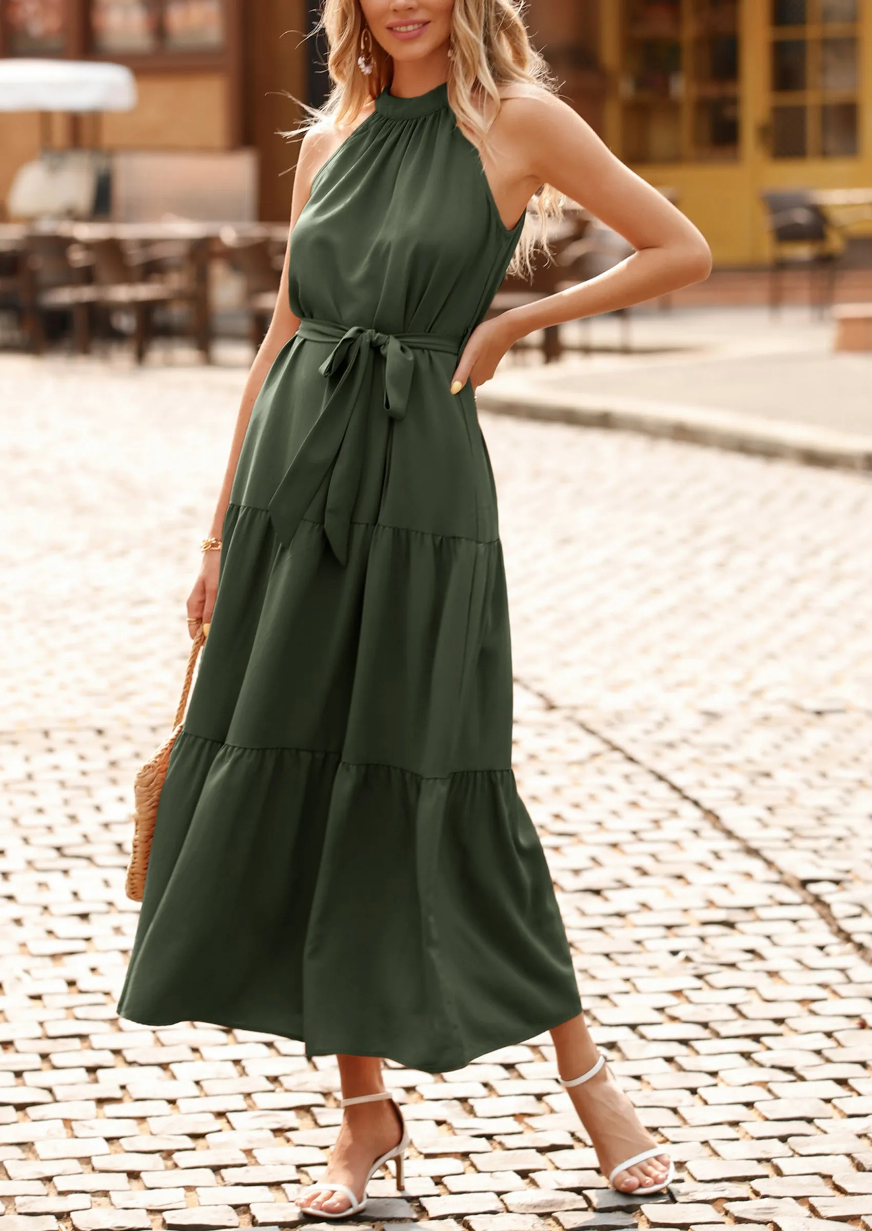 PRETTYGARDEN Women's Summer Floral Maxi Sun Dress Sleeveless Halter Neck Flowy Ruffle Hem Long Boho Dresses with Belt sold by PrettyGarden product image thumbnail 3