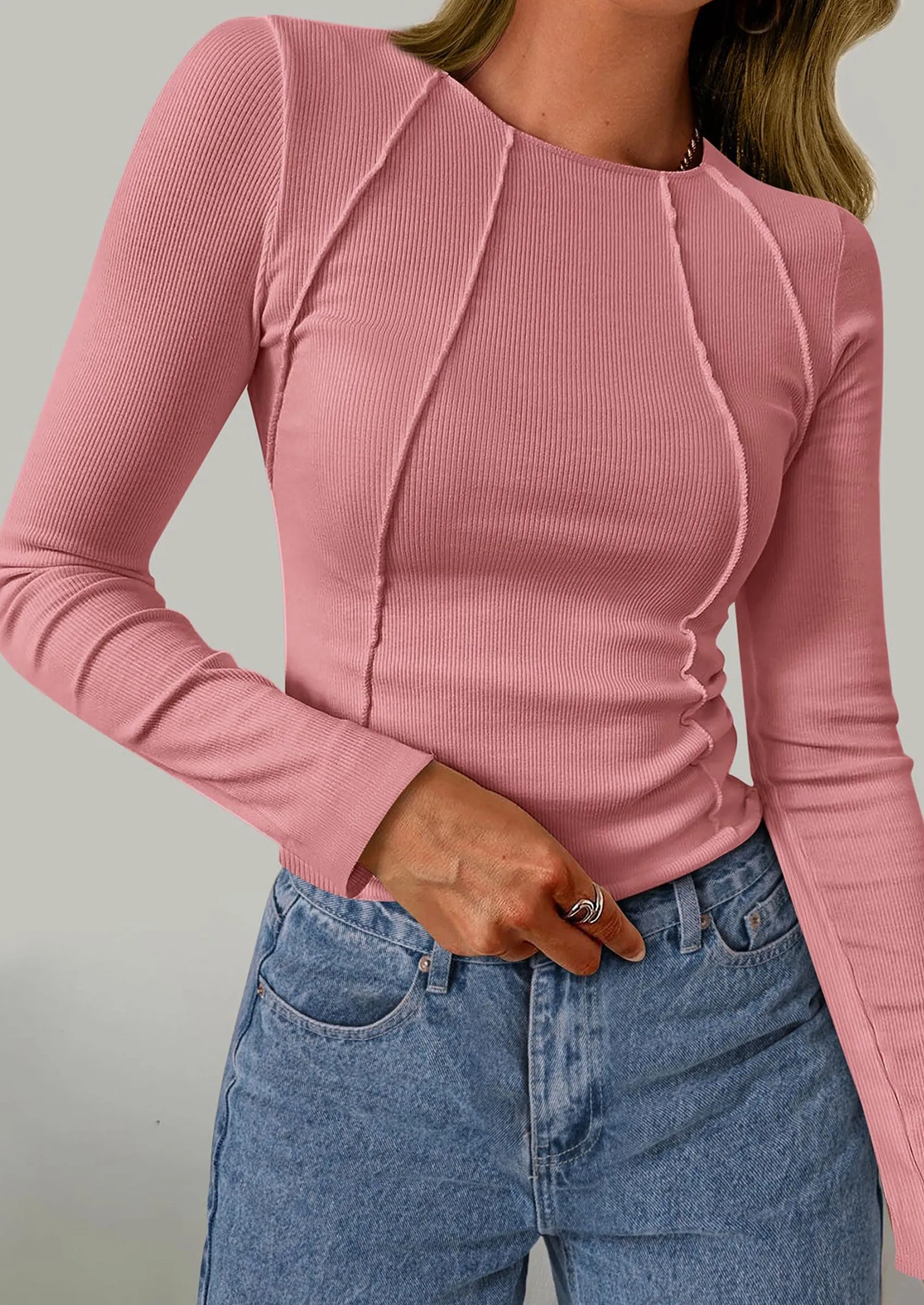 KIRUNDO Ribbed Long Sleeve Tops for Women Stretch Slim Basic Crop Tee Exposed Seams Spring Fall Fashion Trendy Tshirt sold by PrettyGarden product image thumbnail 5