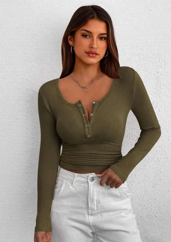 BTFBM Women Long Sleeve Shirts Fall Tops V Neck Button Up Slim Fit Ribbed Knit Solid Color Casual Shirts made by PrettyGarden