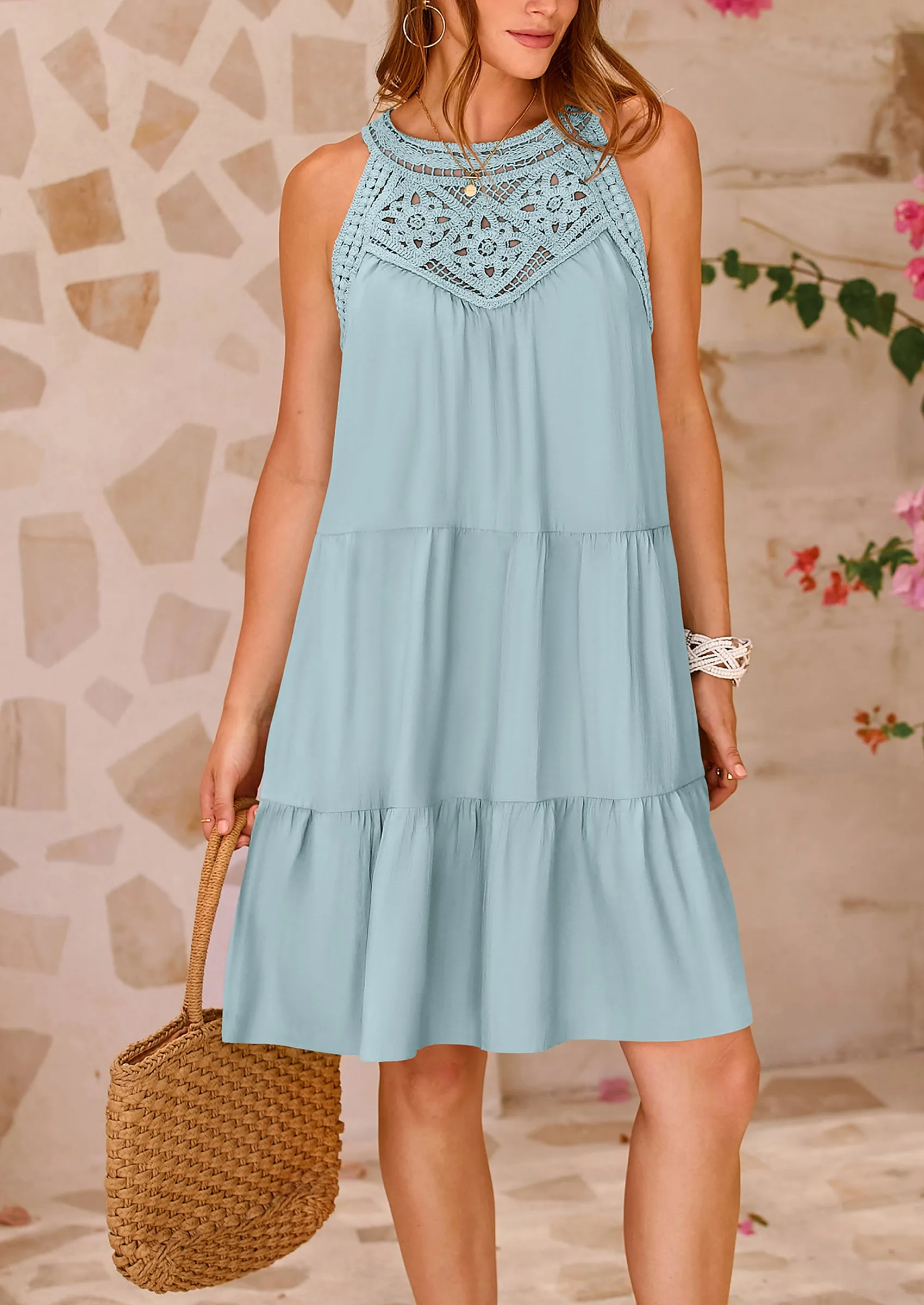 BTFBM Women Summer Halter Dresses Casual Spring 2025 Sleeveless A-Line Tiered Swing Mini Dress Beach Vacation Sundress sold by PrettyGarden product image thumbnail 3