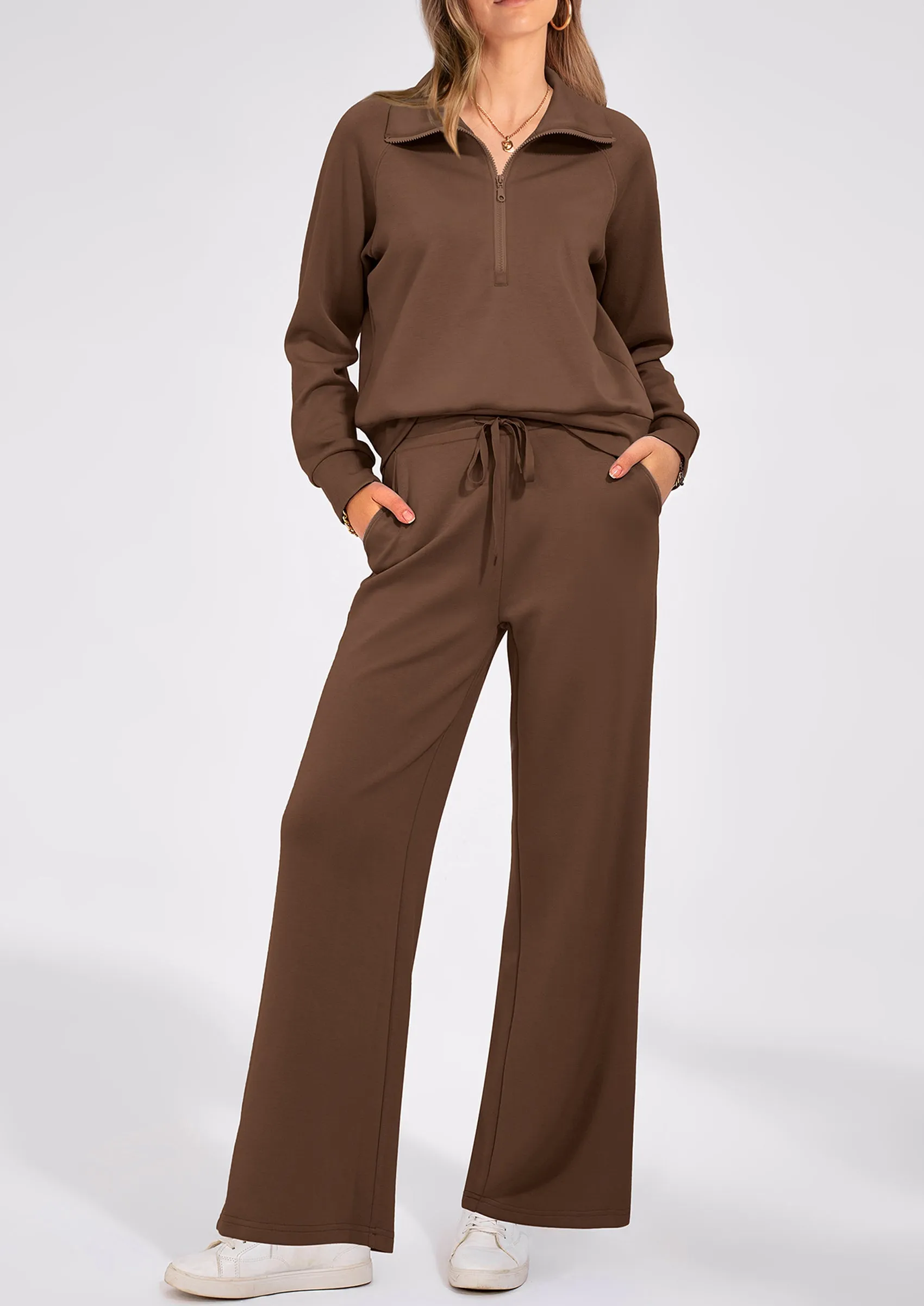 PRETTYGARDEN Women's 2 Piece Outfits Casual Lapel Half Zip Sweatshirts And Wide Leg Pants Tracksuit Sets sold by PrettyGarden product image thumbnail 5