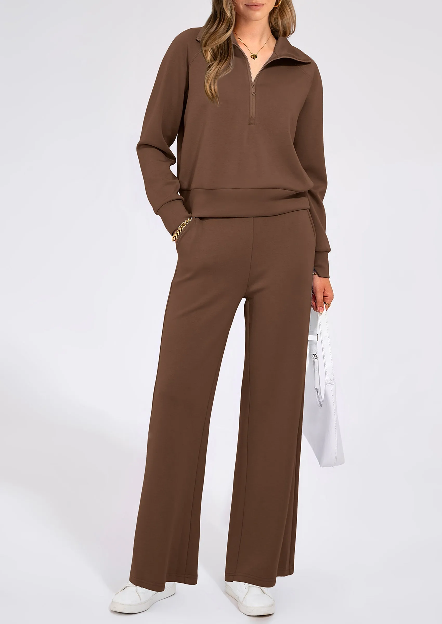 PRETTYGARDEN Women's 2 Piece Outfits Casual Lapel Half Zip Sweatshirts And Wide Leg Pants Tracksuit Sets sold by PrettyGarden product image thumbnail 3