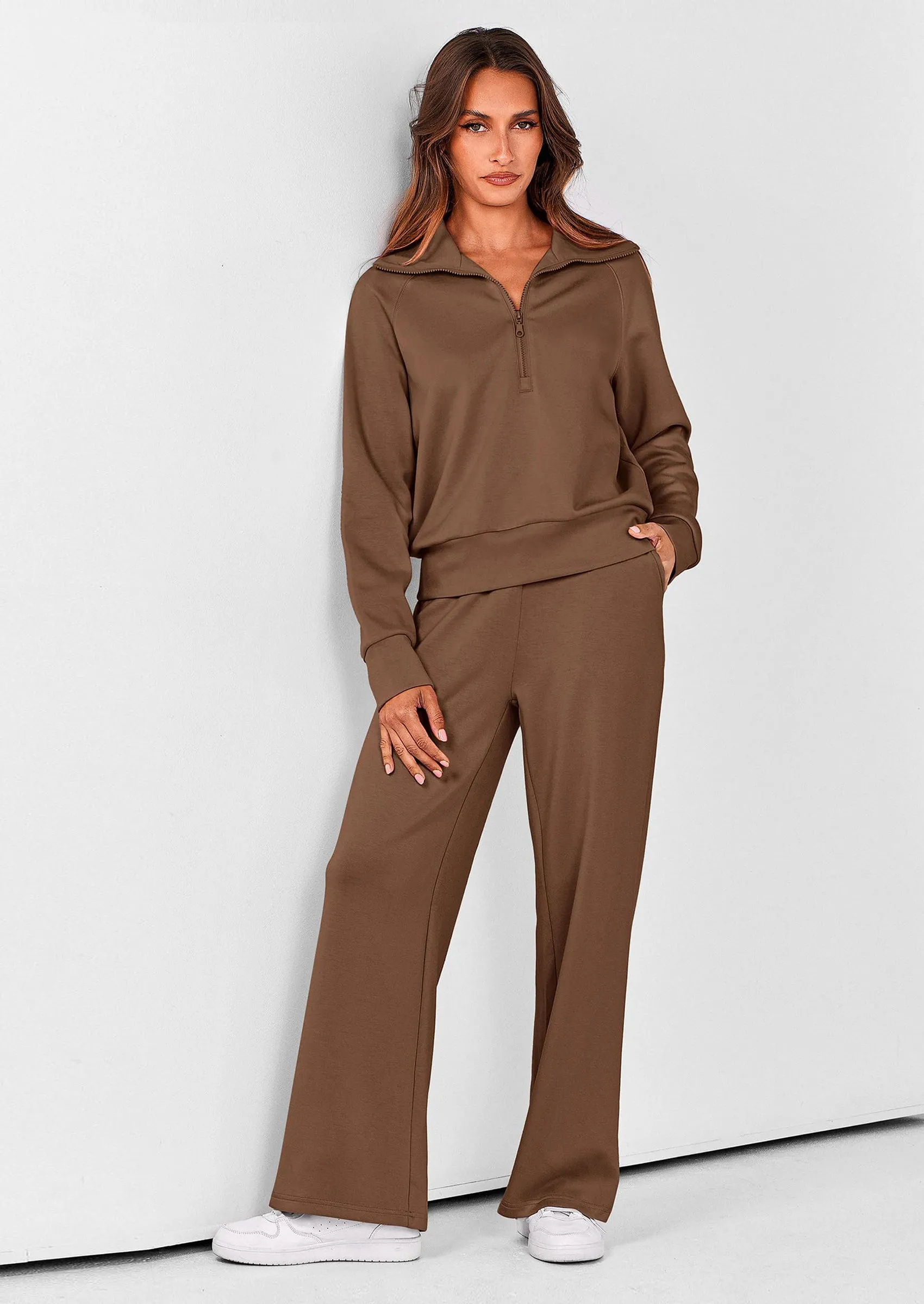 PRETTYGARDEN Women's 2 Piece Outfits Casual Lapel Half Zip Sweatshirts And Wide Leg Pants Tracksuit Sets sold by PrettyGarden