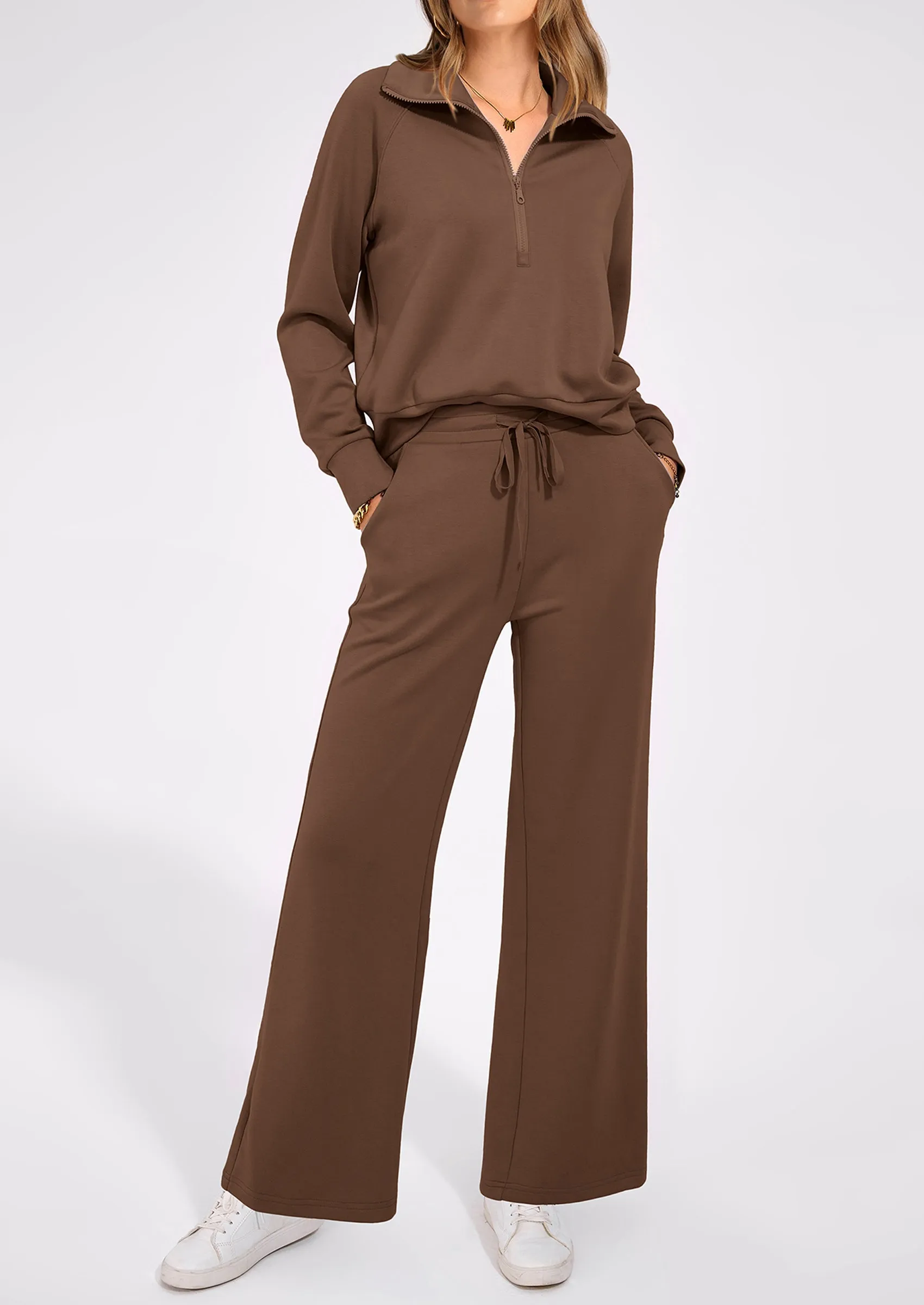 PRETTYGARDEN Women's 2 Piece Outfits Casual Lapel Half Zip Sweatshirts And Wide Leg Pants Tracksuit Sets sold by PrettyGarden product image thumbnail 4