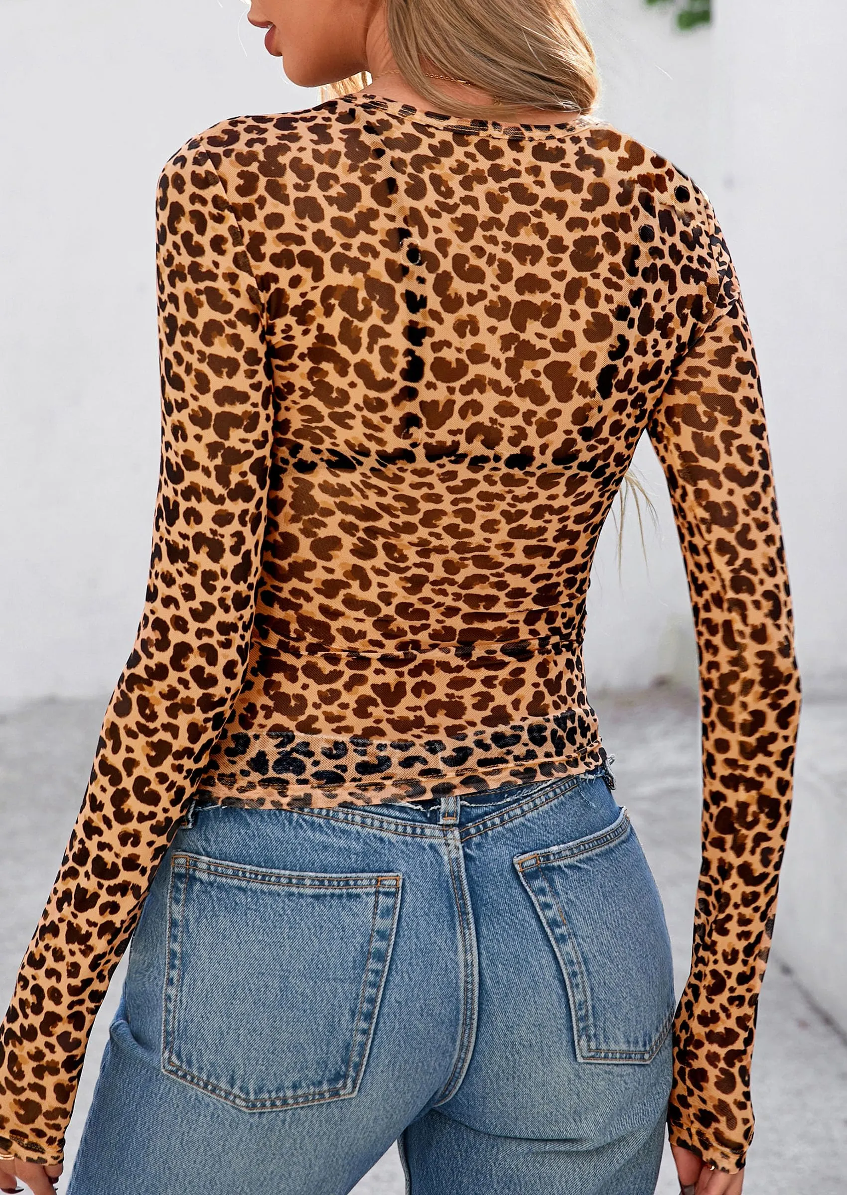 PRETTYGARDEN Women's Mesh Long Sleeve Top Trendy Fall See Through Sheer Blouse Leopard Fitted Going Out Layering Shirts sold by PrettyGarden product image thumbnail 2