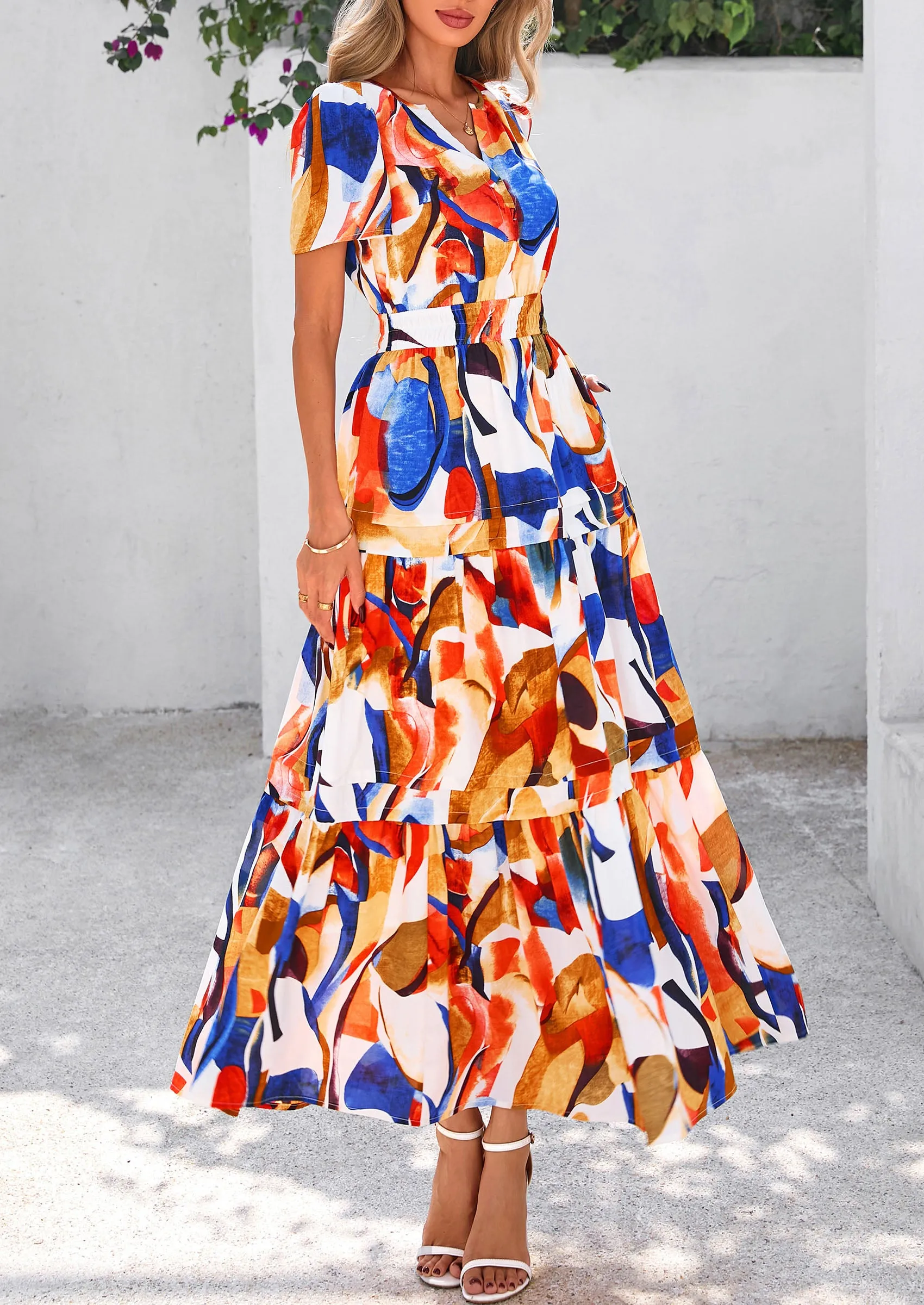 PRETTYGARDEN Women's Boho Maxi Dresses Floral Short Sleeve V Neck A Line Tiered Flowy Long Beach Vacation Dress sold by PrettyGarden product image thumbnail 4