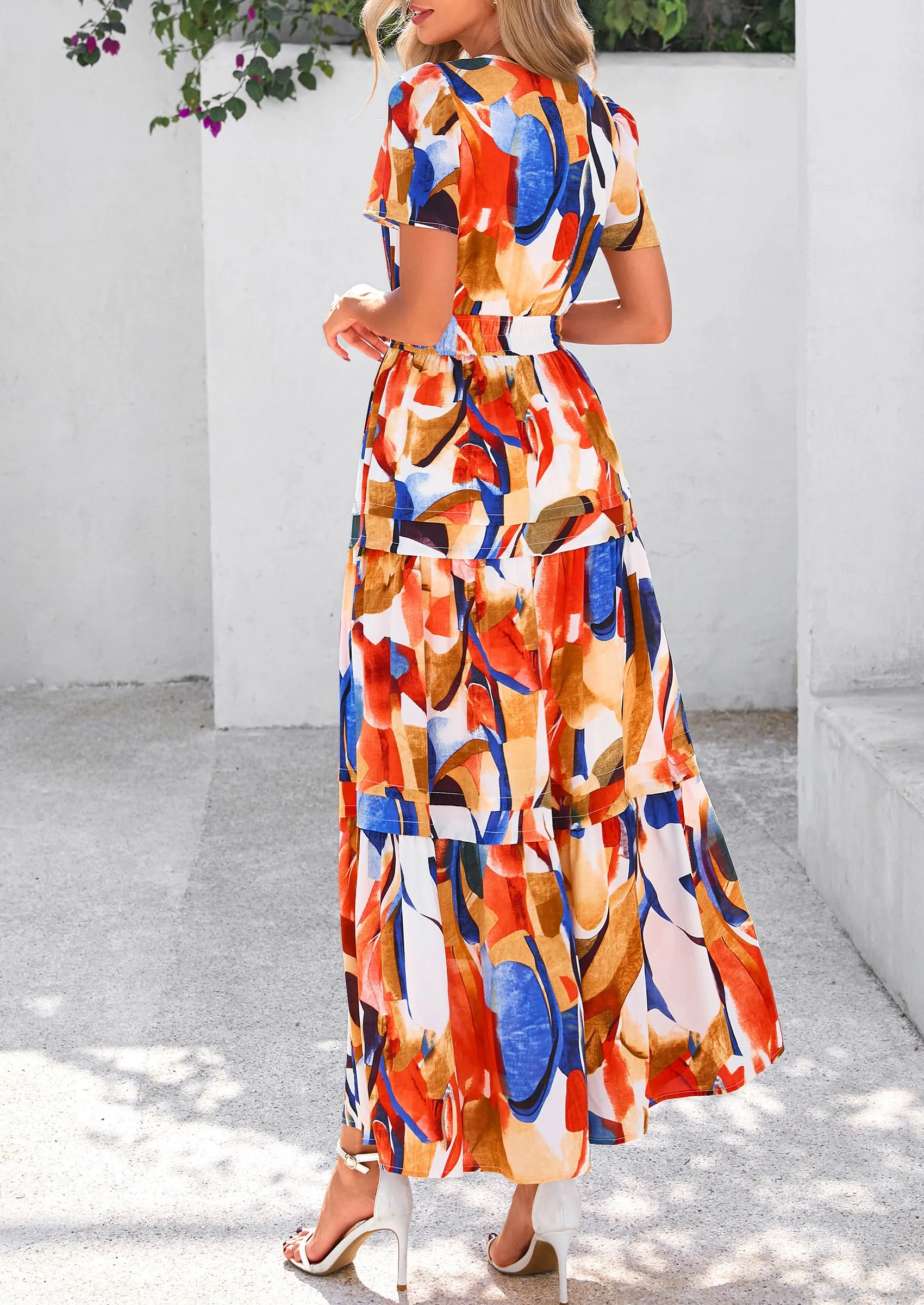 PRETTYGARDEN Women's Boho Maxi Dresses Floral Short Sleeve V Neck A Line Tiered Flowy Long Beach Vacation Dress sold by PrettyGarden product image thumbnail 2