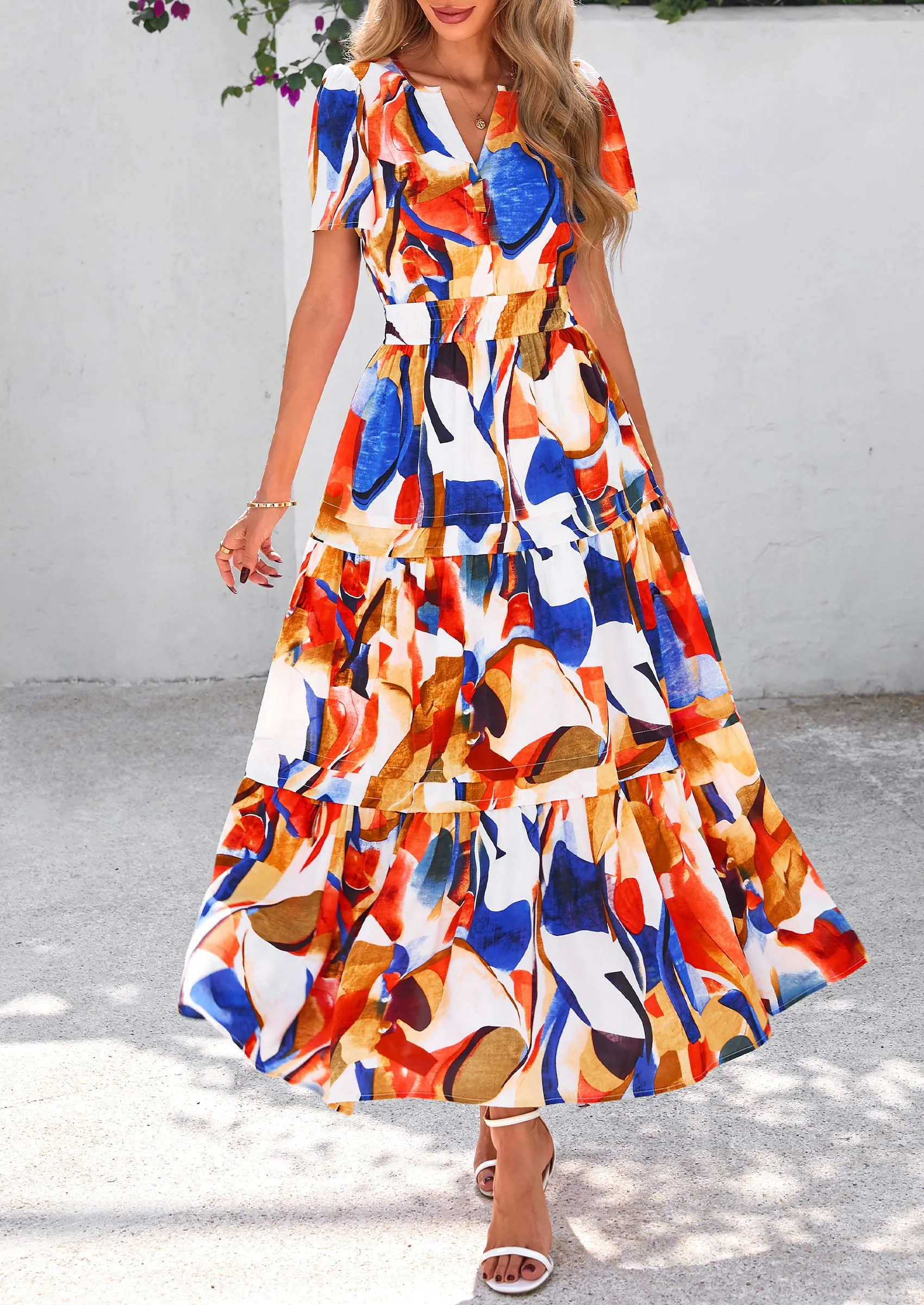 PRETTYGARDEN Women's Boho Maxi Dresses Floral Short Sleeve V Neck A Line Tiered Flowy Long Beach Vacation Dress sold by PrettyGarden product image thumbnail 3
