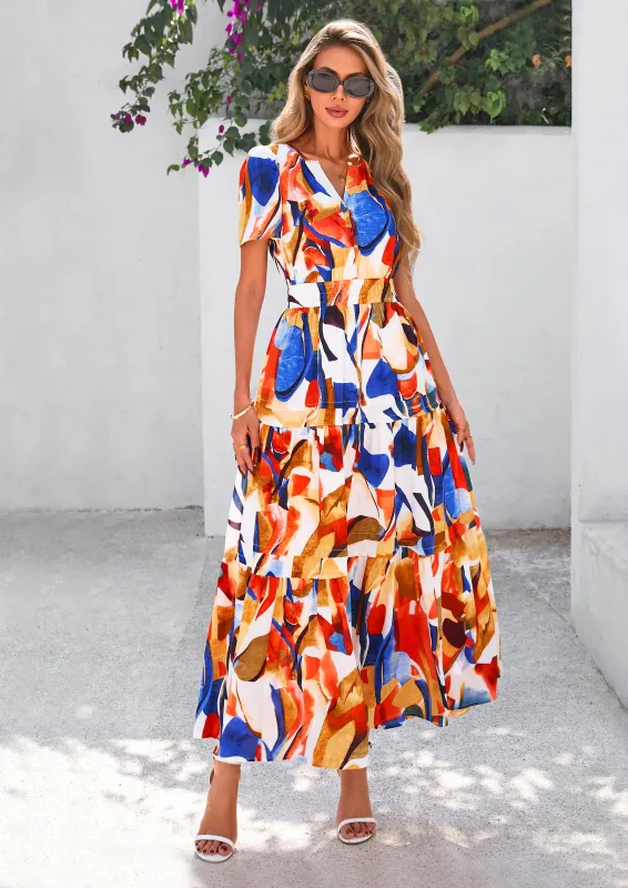 PRETTYGARDEN Women's Boho Maxi Dresses Floral Short Sleeve V Neck A Line Tiered Flowy Long Beach Vacation Dress made by PrettyGarden
